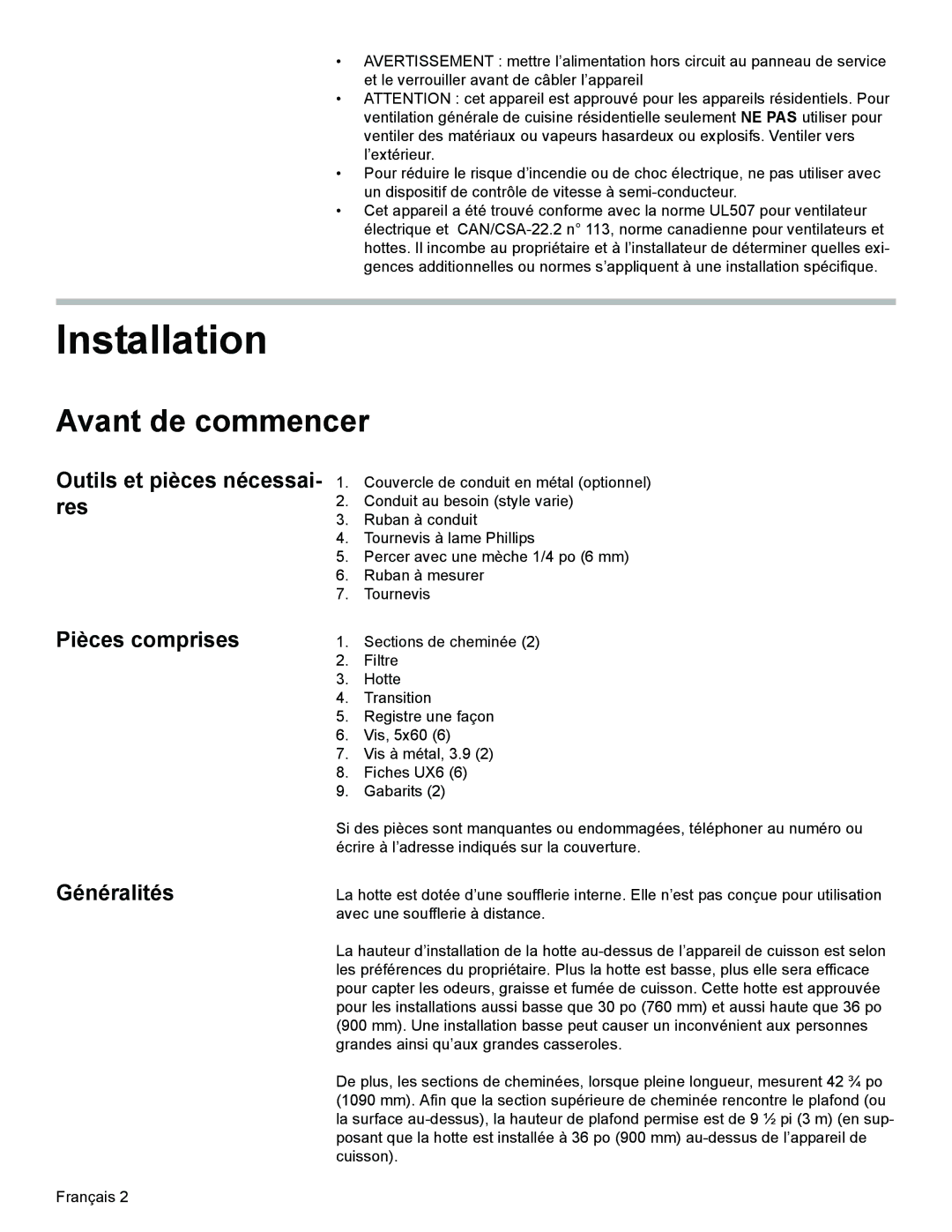 Bosch Appliances DKE96 installation manual Avant de commencer, Outils et pièces nécessai- res, Pièces comprises Généralités 