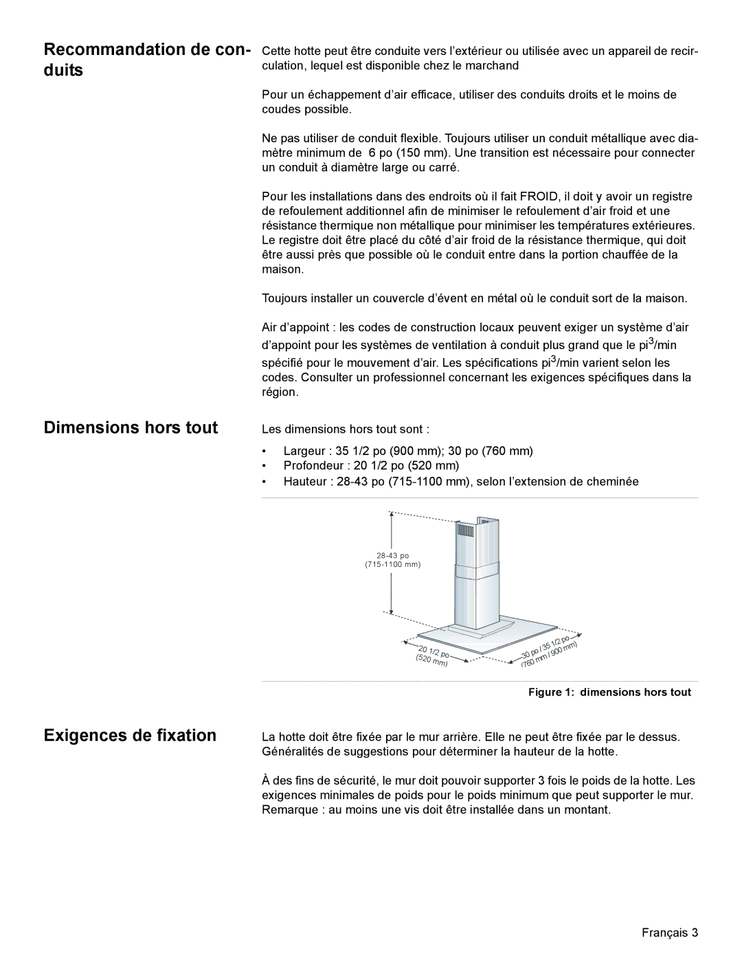 Bosch Appliances DKE96 installation manual Recommandation de con- duits Dimensions hors tout, Exigences de fixation 