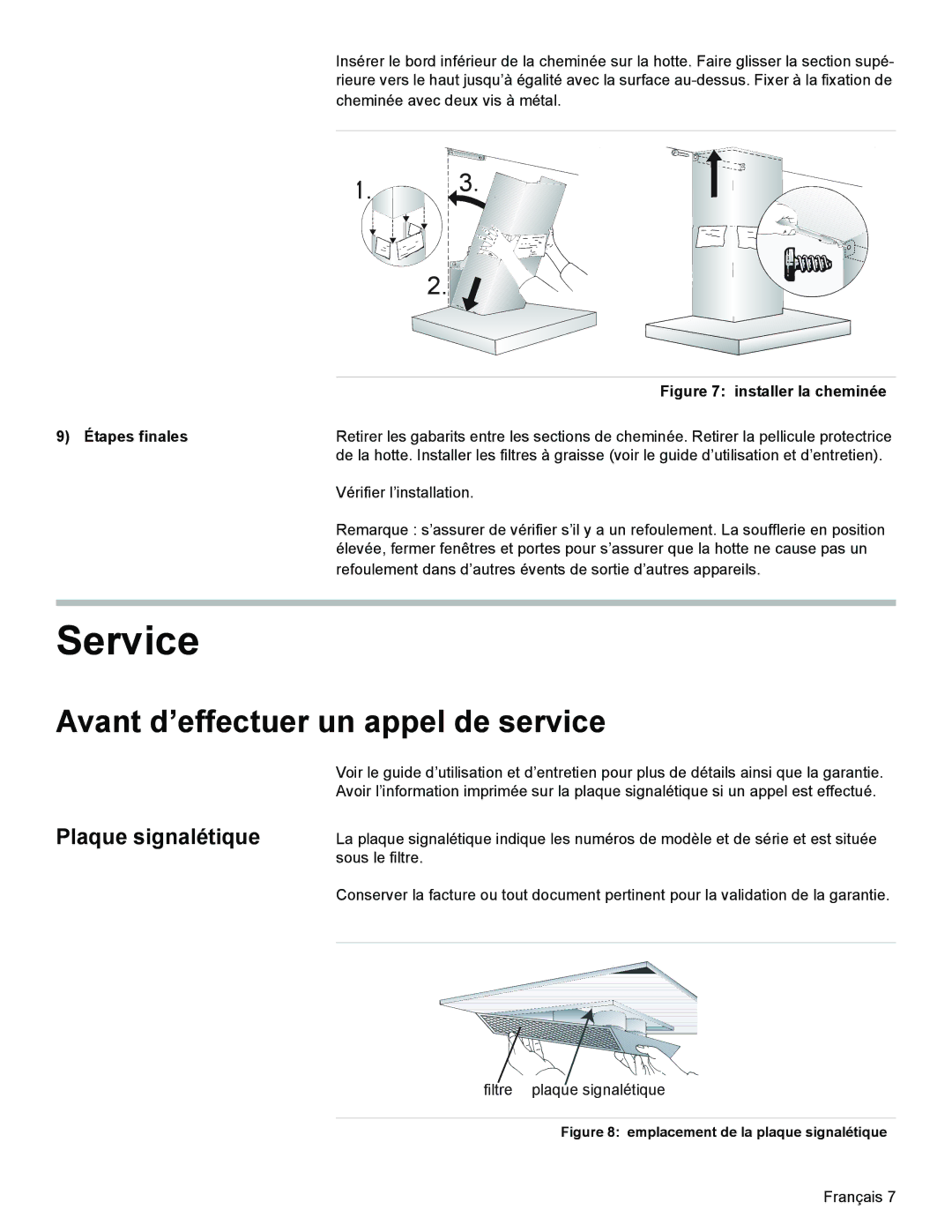 Bosch Appliances DKE96 installation manual Avant d’effectuer un appel de service, Plaque signalétique, Étapes finales 