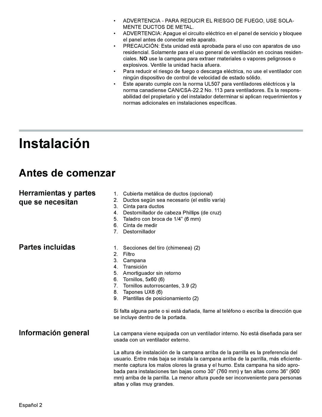 Bosch Appliances DKE96 installation manual Instalación, Antes de comenzar, Partes incluidas Información general 