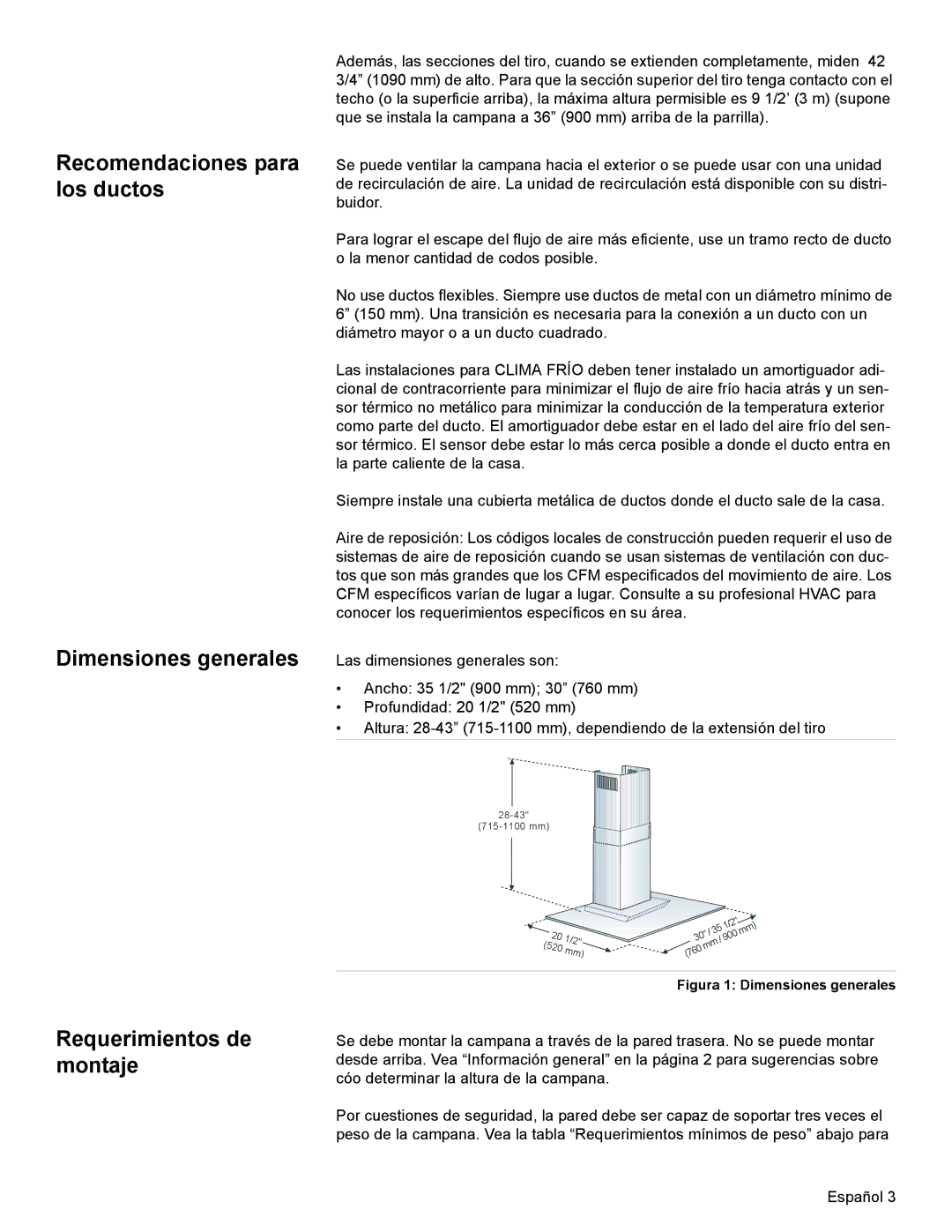 Bosch Appliances DKE96 installation manual Recomendaciones para los ductos Dimensiones generales, Requerimientos de montaje 