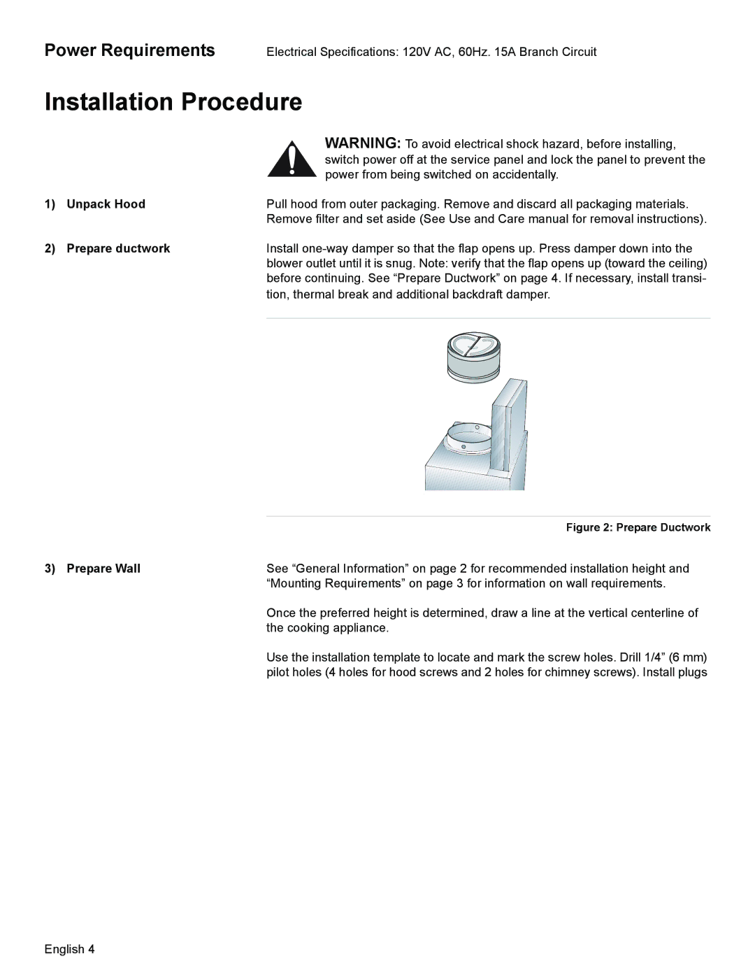 Bosch Appliances DKE96 installation manual Installation Procedure, Unpack Hood, Prepare ductwork, Prepare Wall 