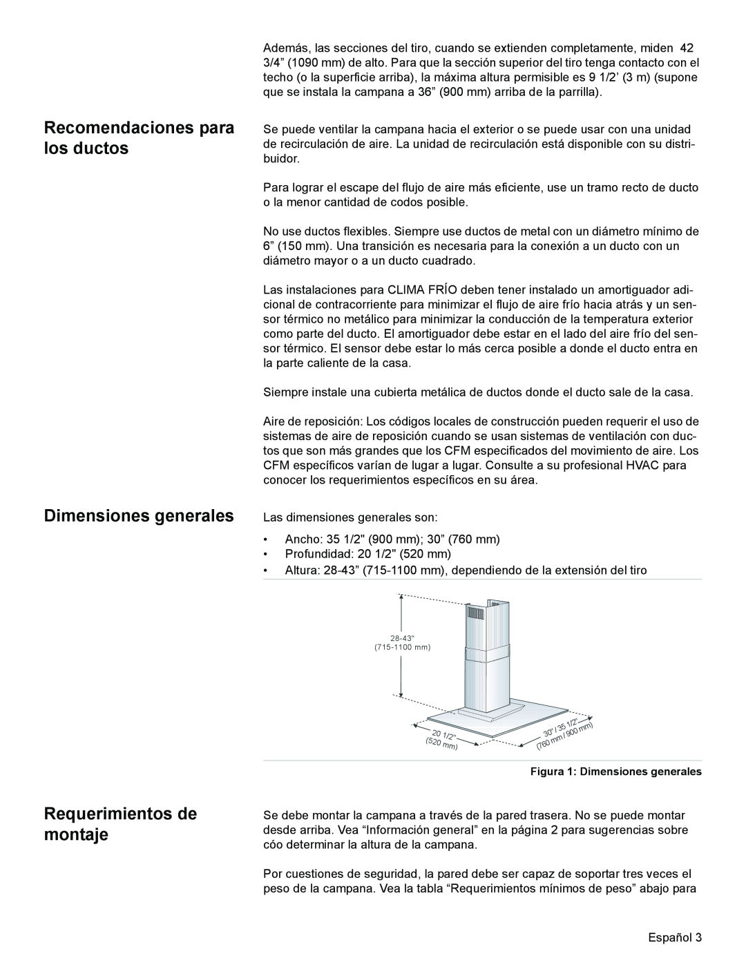 Bosch Appliances DKE96 installation manual Recomendaciones para los ductos Dimensiones generales, Requerimientos de montaje 