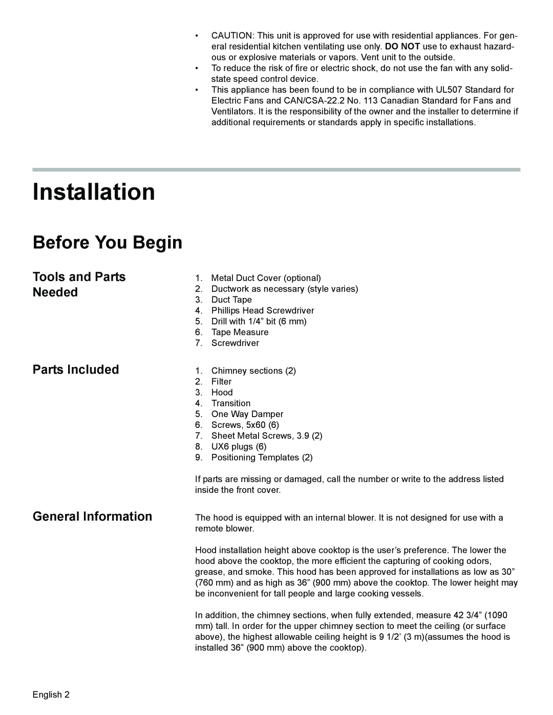 Bosch Appliances DKE96 Installation, Before You Begin, Tools and Parts Needed, Parts Included, General Information 
