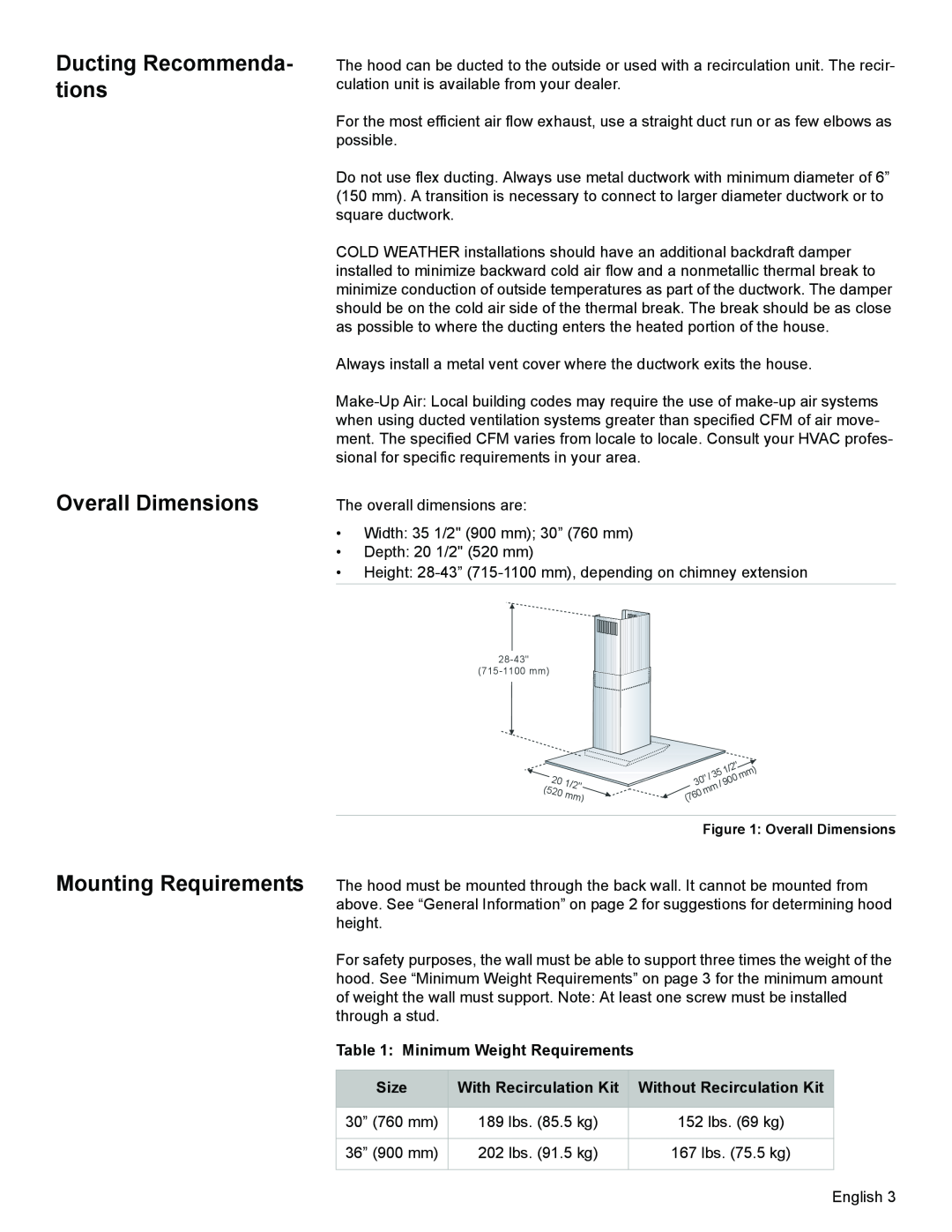 Bosch Appliances DKE96 installation manual Ducting Recommenda- tions Overall Dimensions, Minimum Weight Requirements, Size 