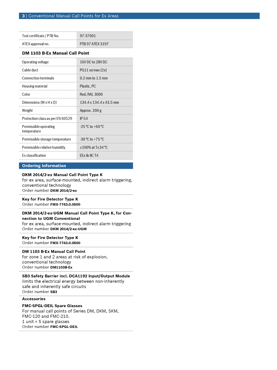 Bosch Appliances DM 1103 BEX manual DM 1103 B‑Ex Manual Call Point, Ordering Information 