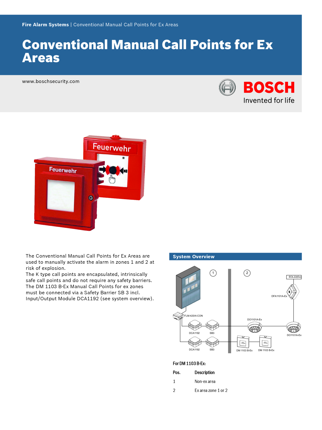 Bosch Appliances DM 1103 BEX manual Fire Alarm Systems Conventional Manual Call Points for Ex Areas, System Overview 