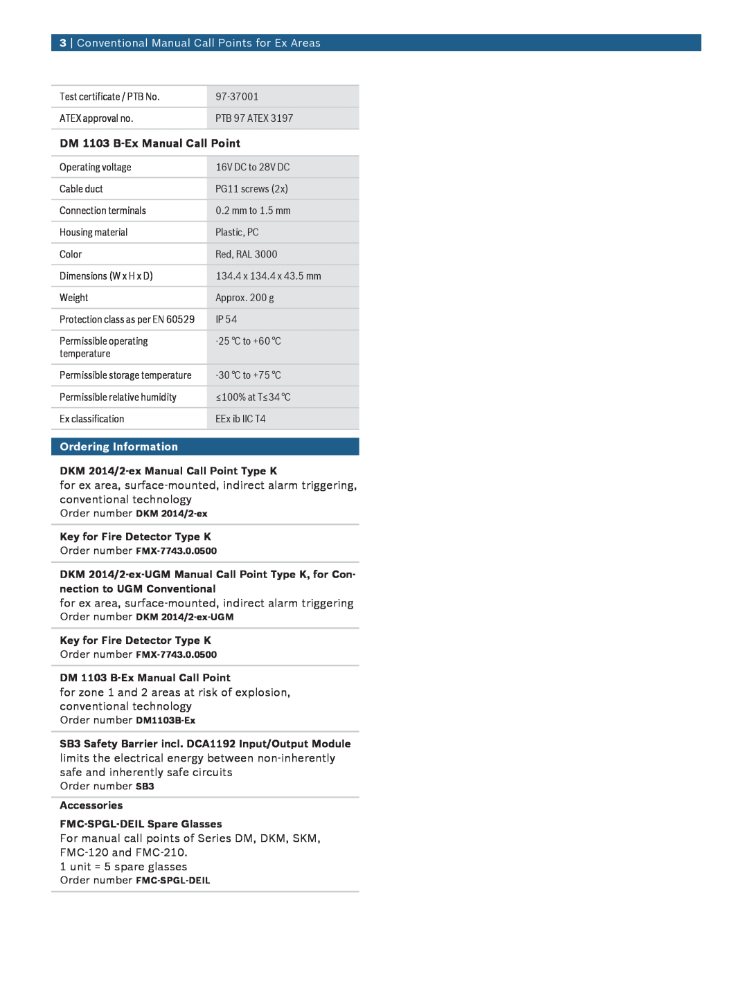 Bosch Appliances DM 1103 BEX manual Conventional Manual Call Points for Ex Areas, DM 1103 B‑Ex Manual Call Point 