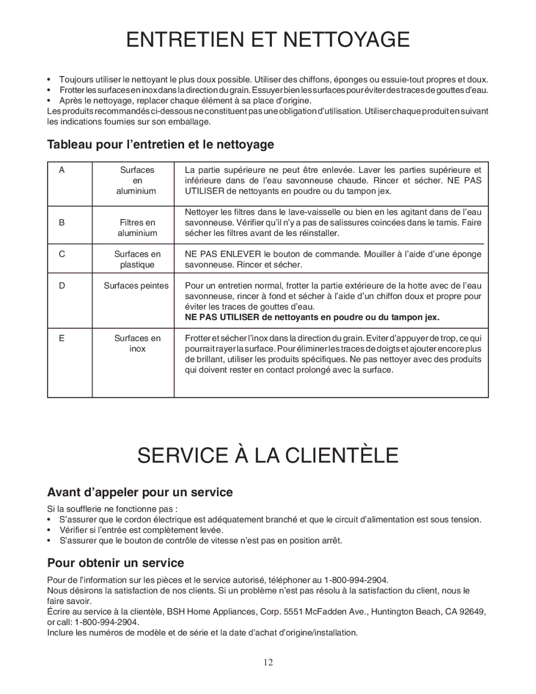 Bosch Appliances DPH30352UC Service À LA Clientèle, Tableau pour l’entretien et le nettoyage, Pour obtenir un service 