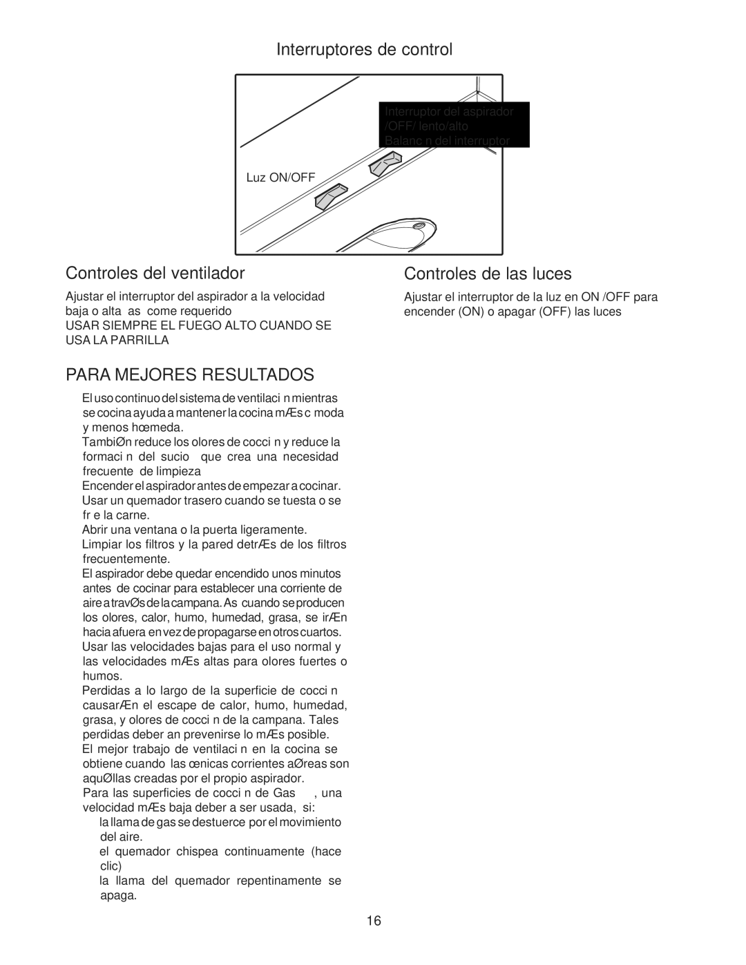 Bosch Appliances DPH30352UC manual Interruptores de control, Controles del ventilador, Para Mejores Resultados, Luz ON/OFF 