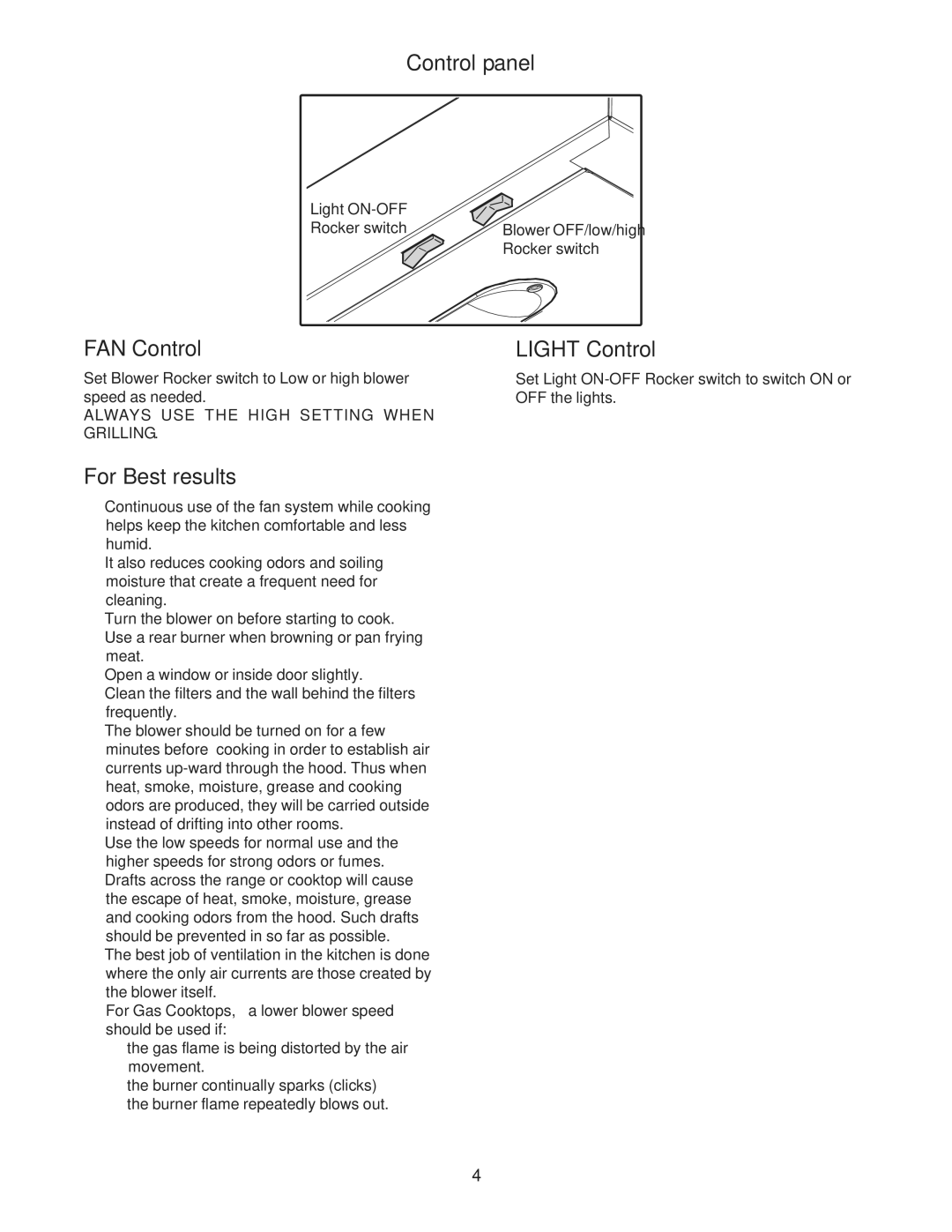 Bosch Appliances DPH30352UC manual Control panel, FAN Control, For Best results, Light Control 