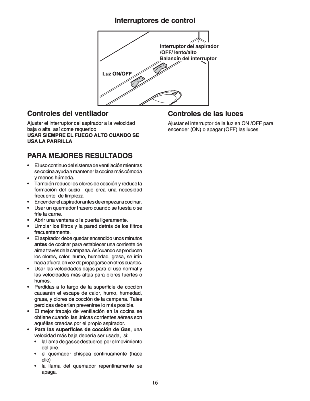 Bosch Appliances DPH30352UC manual Interruptores de control, Controles del ventilador, Para Mejores Resultados, Luz ON/OFF 