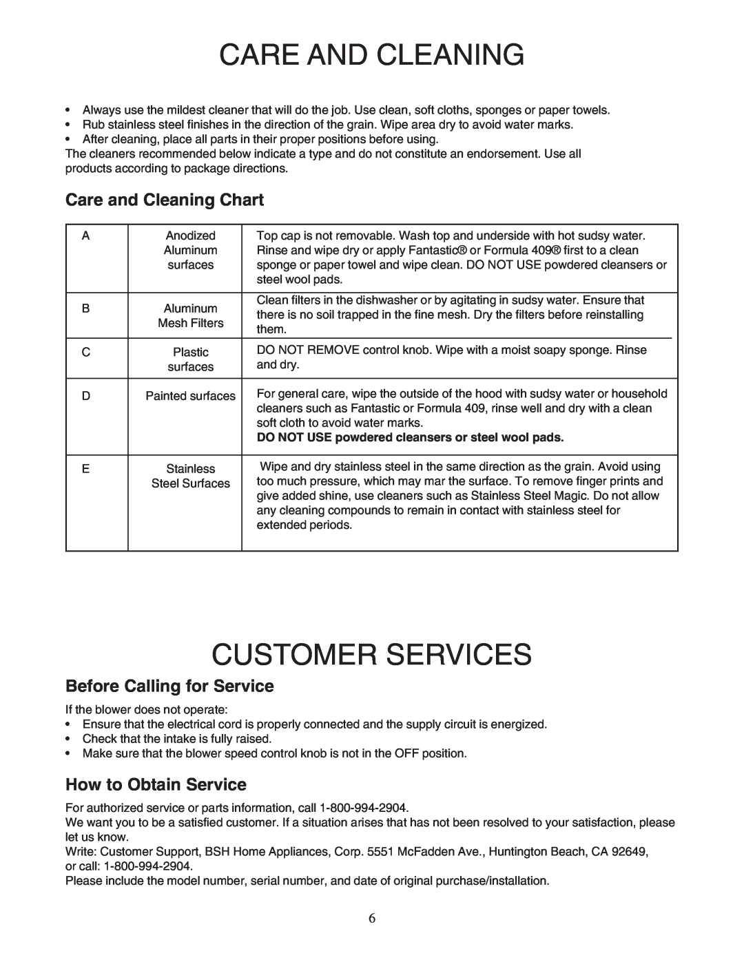 Bosch Appliances DPH30352UC Customer Services, Care and Cleaning Chart, Before Calling for Service, How to Obtain Service 