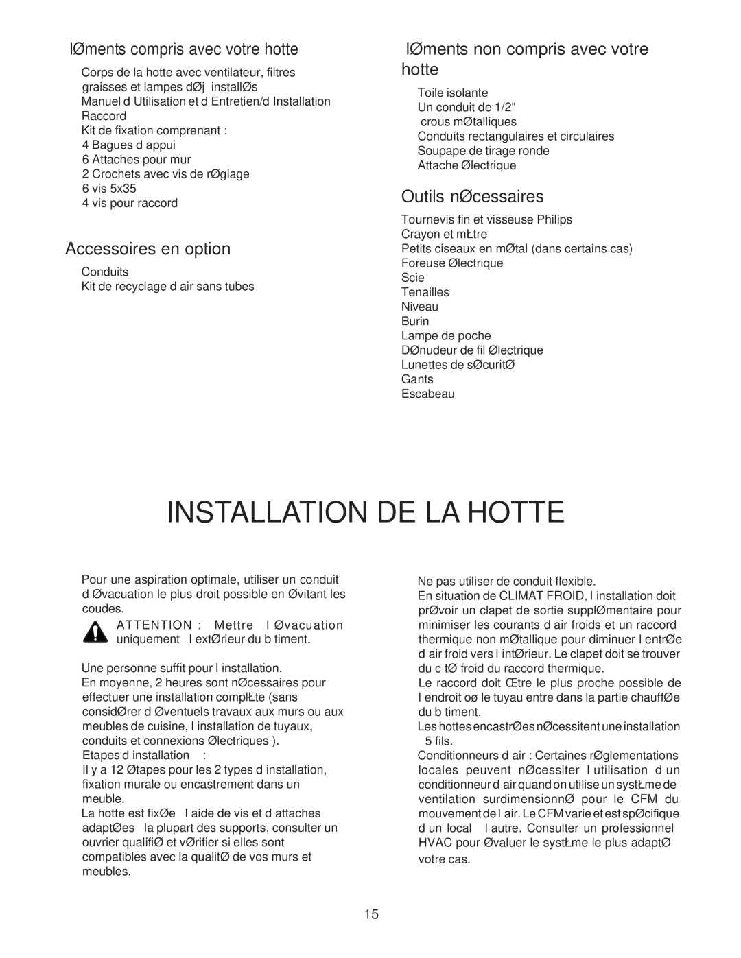 Bosch Appliances DPH36352UC Installation DE LA Hotte, Éléments compris avec votre hotte, Accessoires en option 