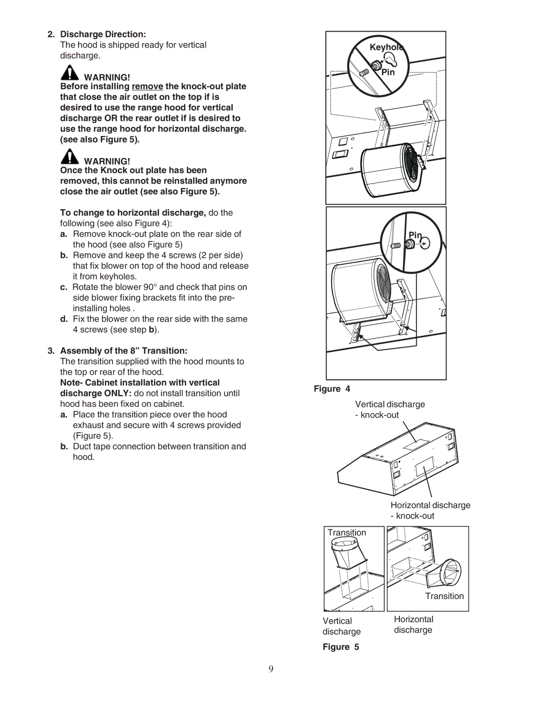 Bosch Appliances DPH36352UC installation manual Discharge Direction, Assembly of the 8 Transition, Keyhole, Pin 