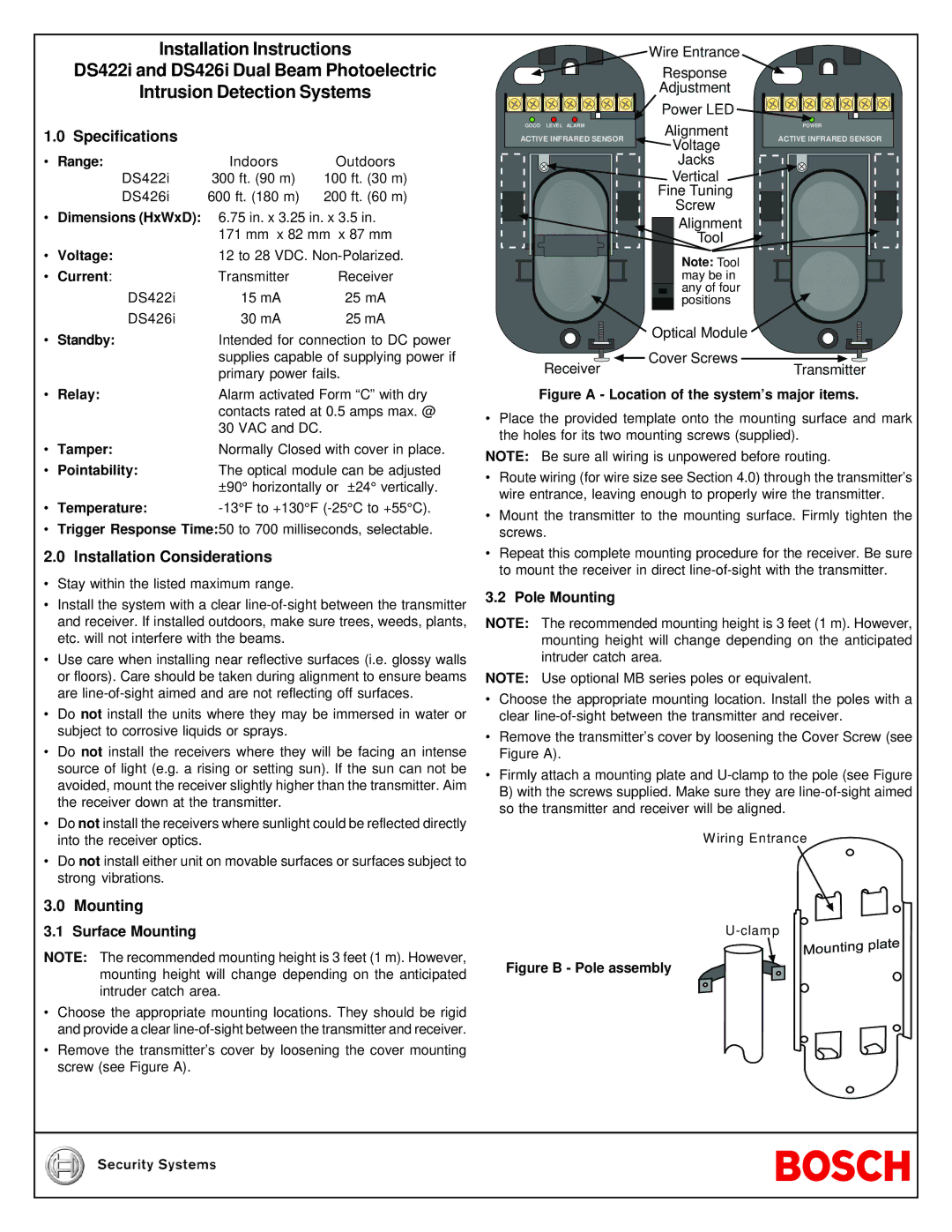 Bosch Appliances DS422I installation instructions Specifications, Installation Considerations, Mounting Surface Mounting 