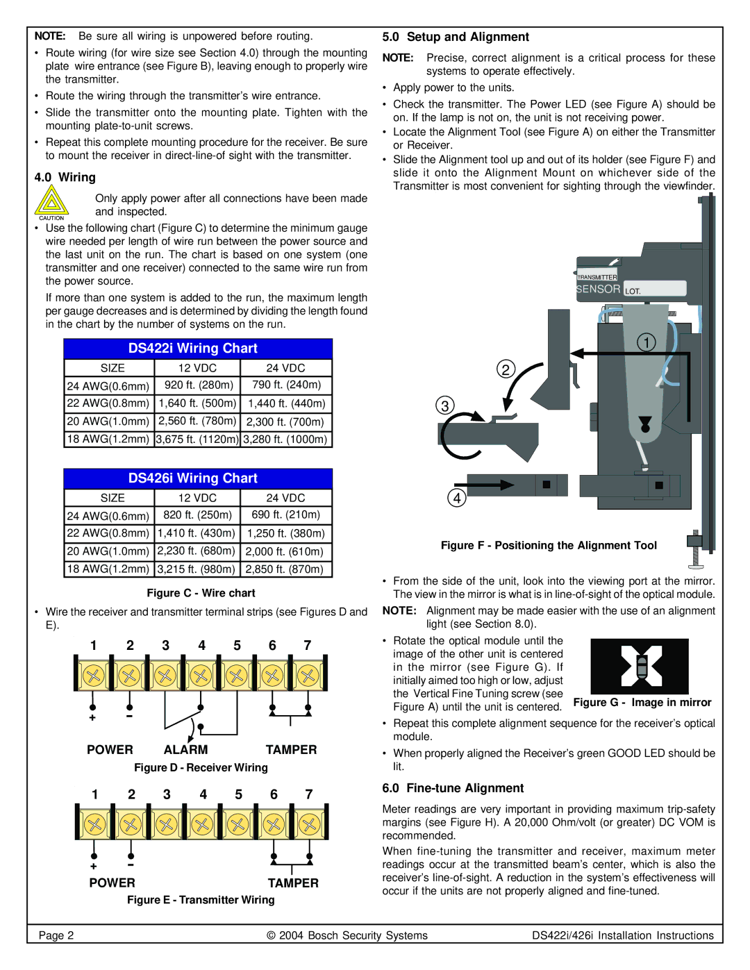 Bosch Appliances DS426I, DS422I installation instructions Wiring, Setup and Alignment, Fine-tune Alignment 