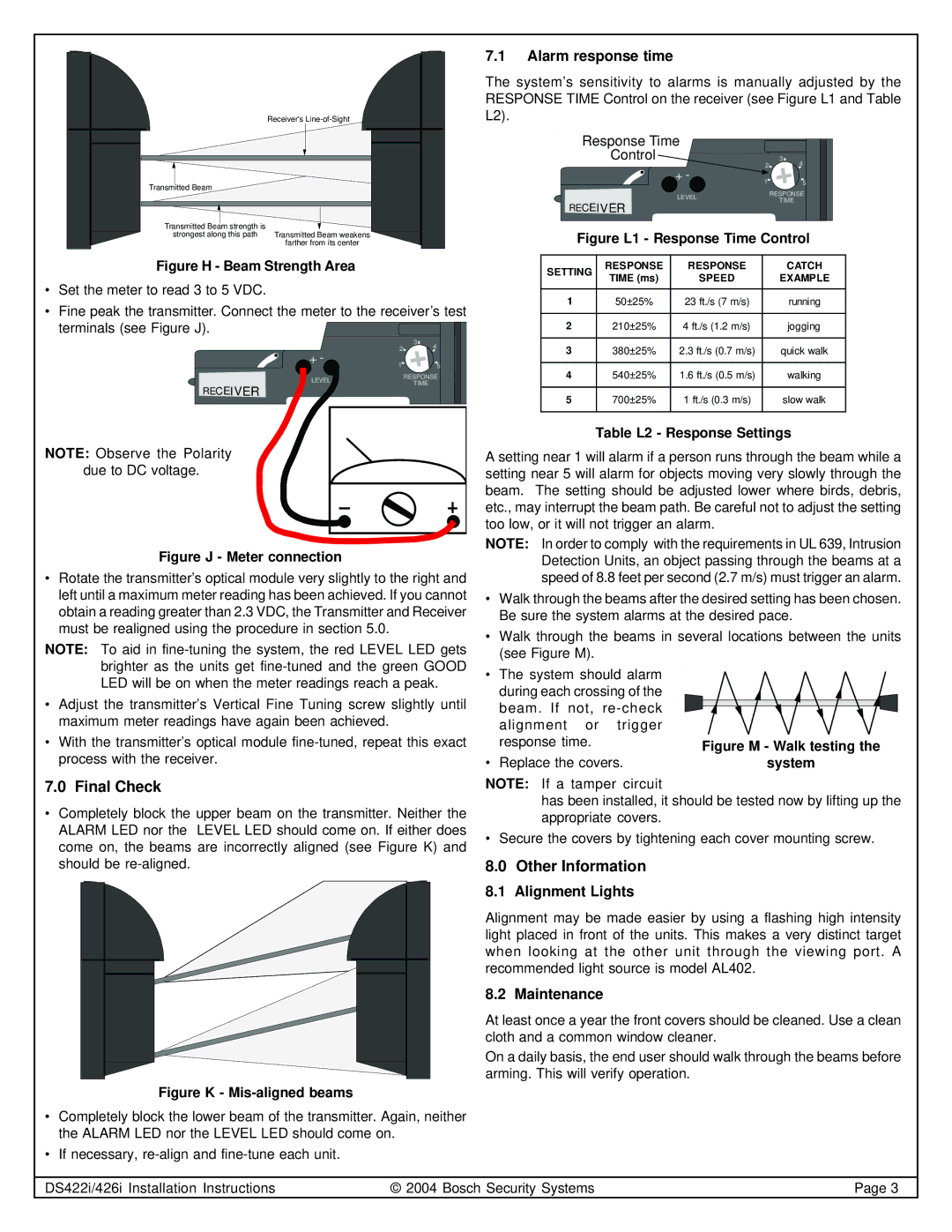 Bosch Appliances DS422I, DS426I Final Check, Alarm response time, Other Information Alignment Lights, Maintenance 