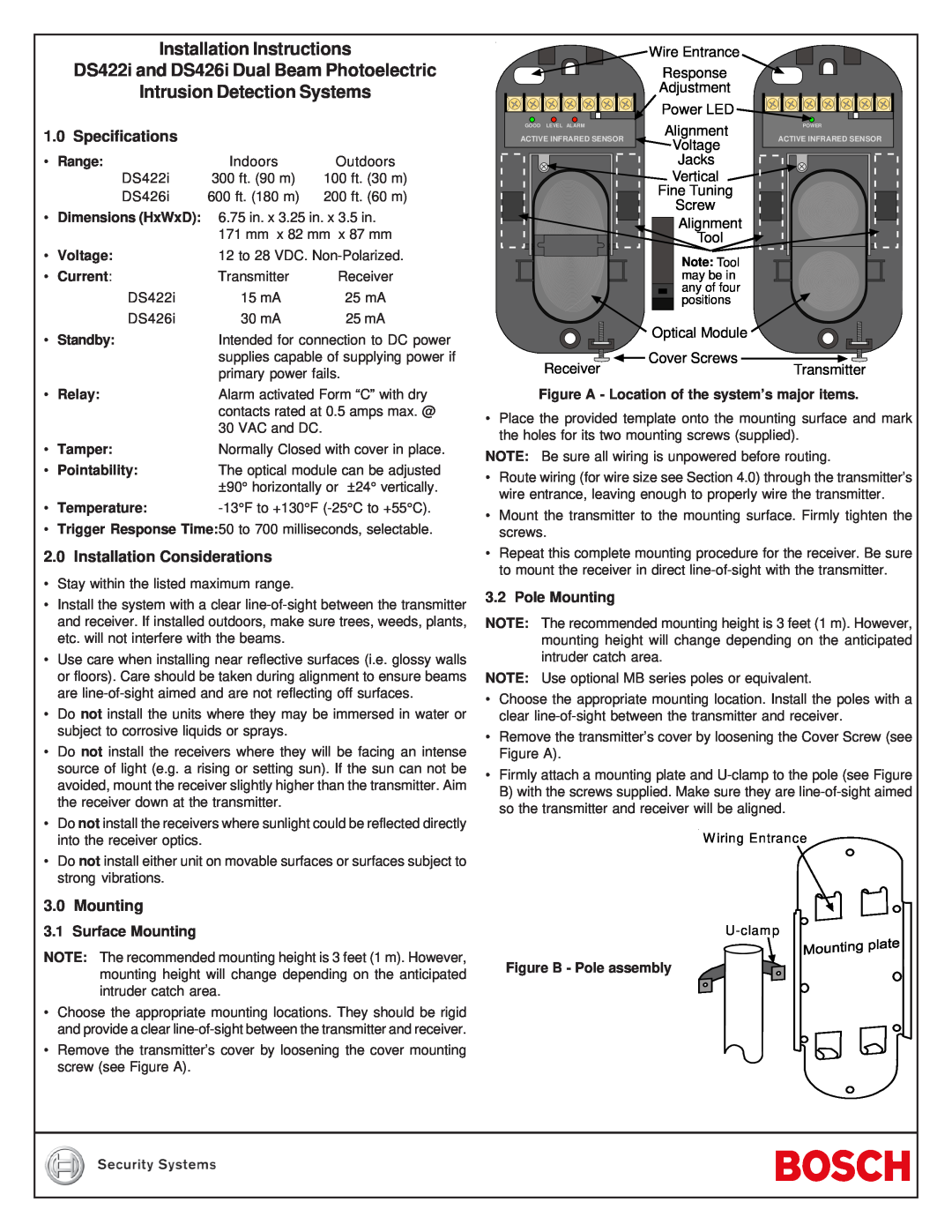 Bosch Appliances DS422I installation instructions Specifications, Installation Considerations, Pole Mounting, Range, Relay 