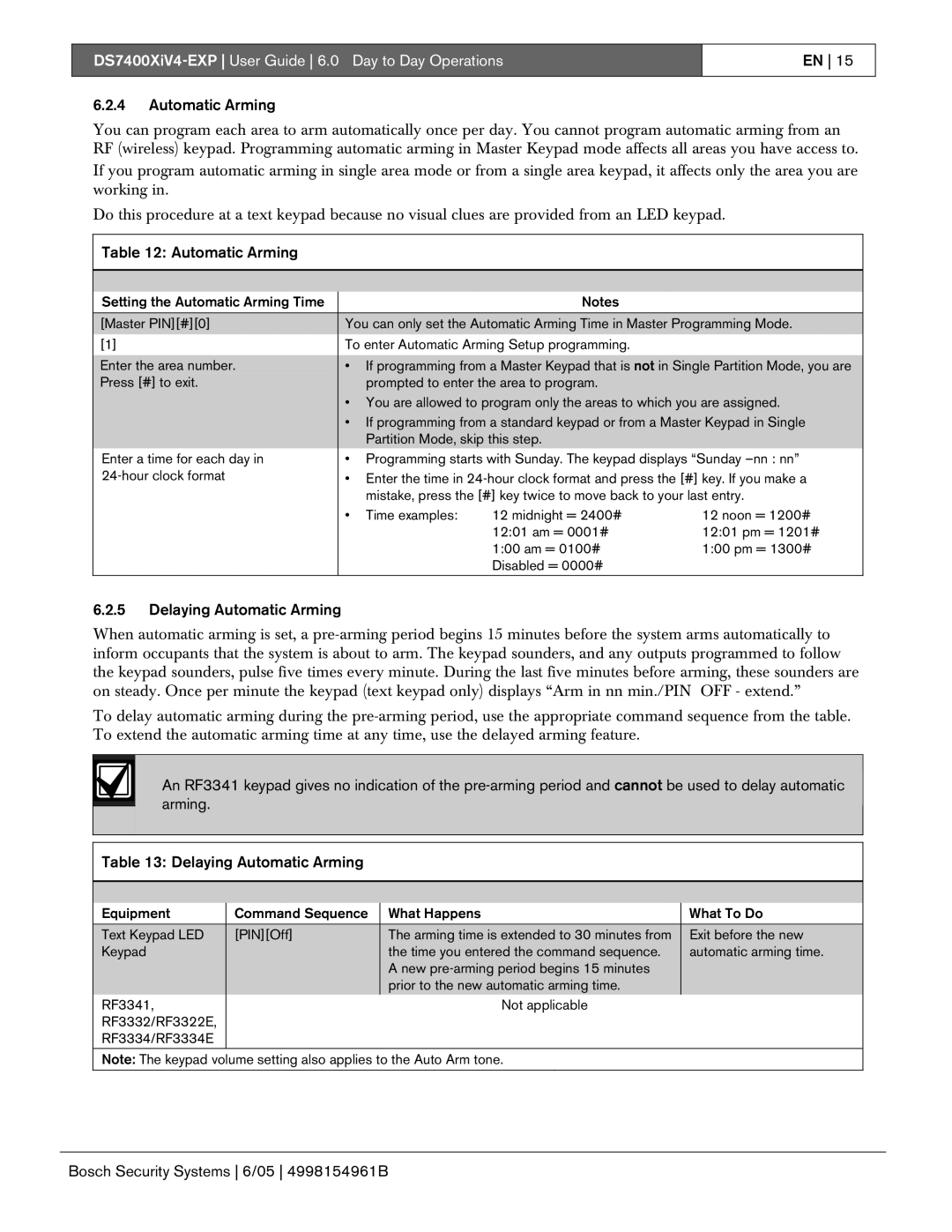 Bosch Appliances DS7400XIV4-EXP manual Delaying Automatic Arming 