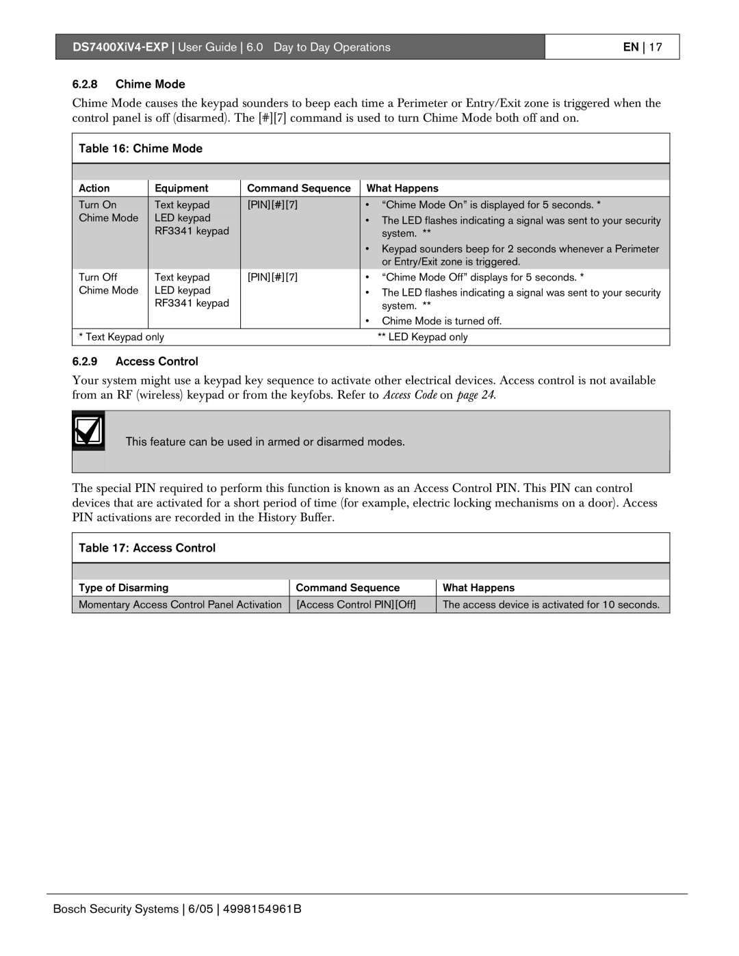 Bosch Appliances DS7400XIV4-EXP manual Chime Mode, Access Control, This feature can be used in armed or disarmed modes 