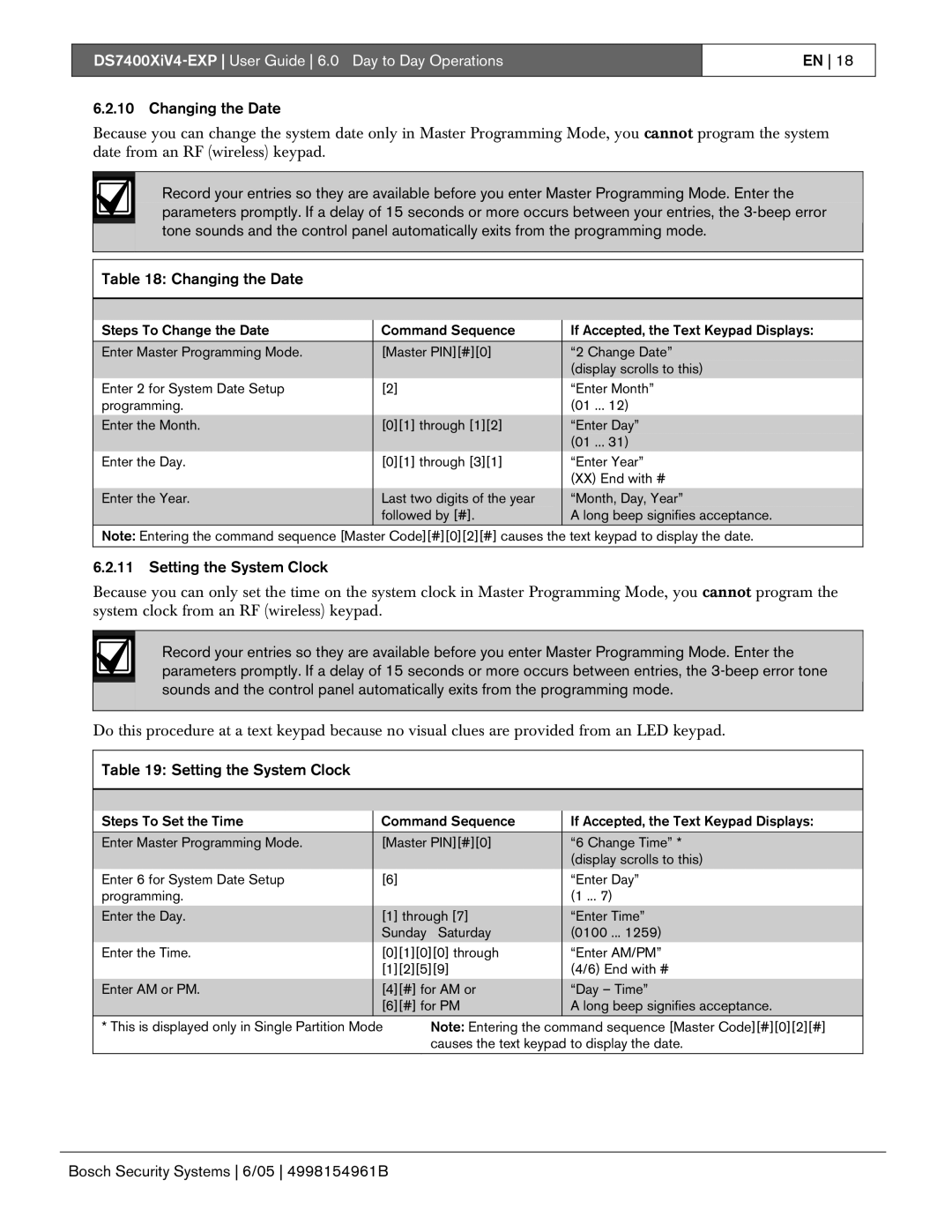 Bosch Appliances DS7400XIV4-EXP manual Changing the Date, Setting the System Clock 