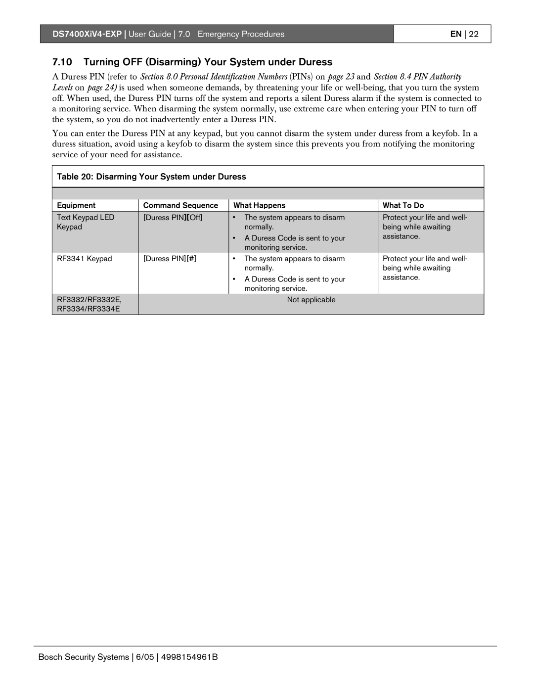 Bosch Appliances DS7400XIV4-EXP manual Turning OFF Disarming Your System under Duress 