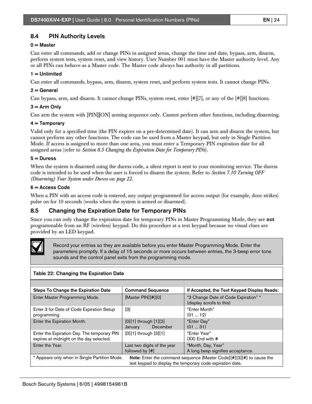 Bosch Appliances DS7400XIV4-EXP manual PIN Authority Levels, Changing the Expiration Date for Temporary PINs 