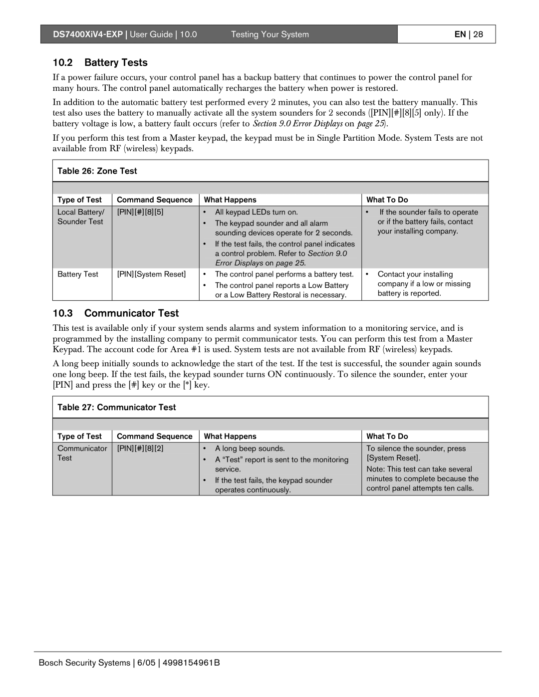 Bosch Appliances DS7400XIV4-EXP manual Battery Tests, Communicator Test 