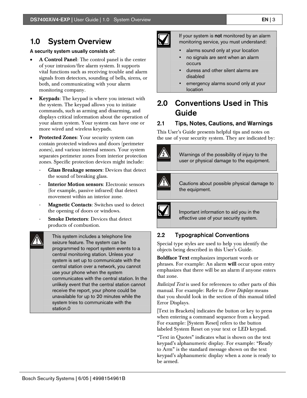 Bosch Appliances DS7400XIV4-EXP manual System Overview, Conventions Used in This Guide, Tips, Notes, Cautions, and Warnings 