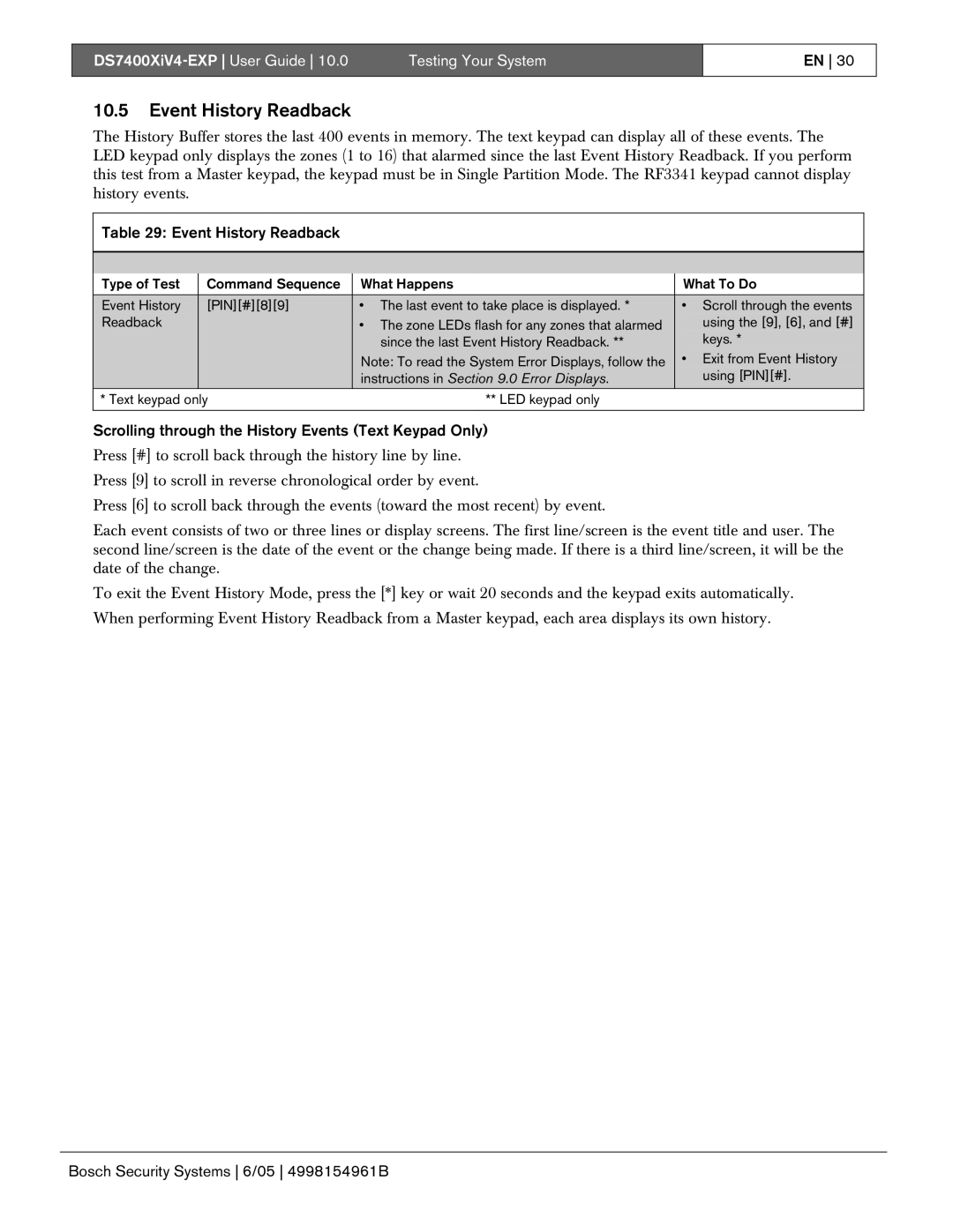 Bosch Appliances DS7400XIV4-EXP manual Event History Readback, Scrolling through the History Events Text Keypad Only 