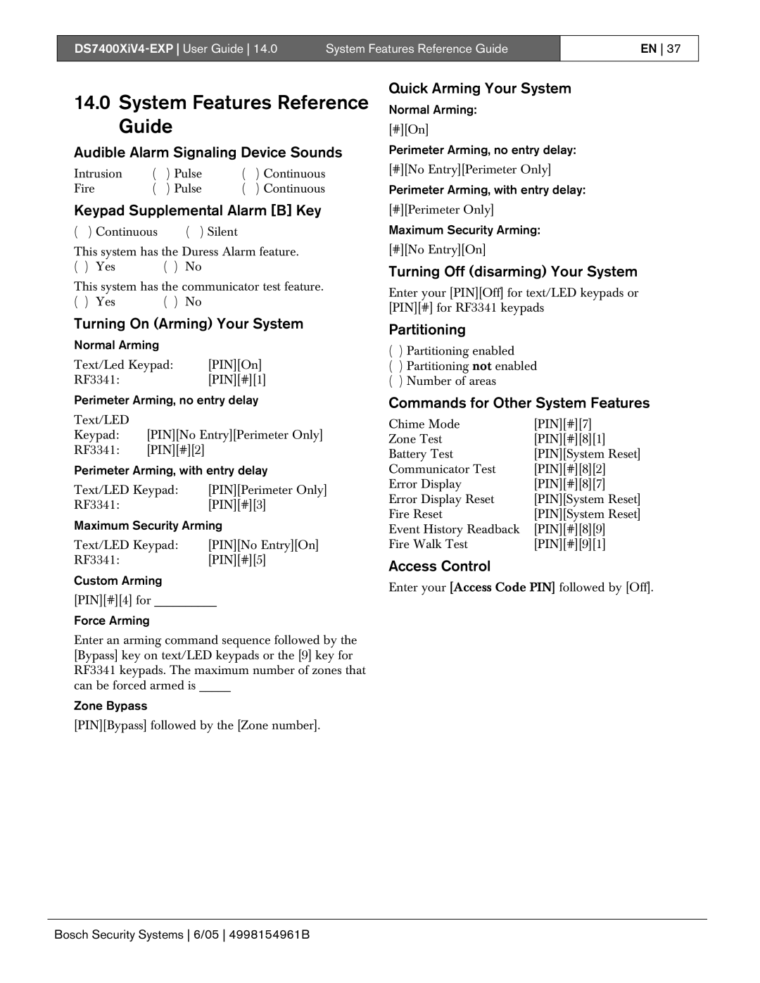 Bosch Appliances DS7400XIV4-EXP manual System Features Reference Guide 