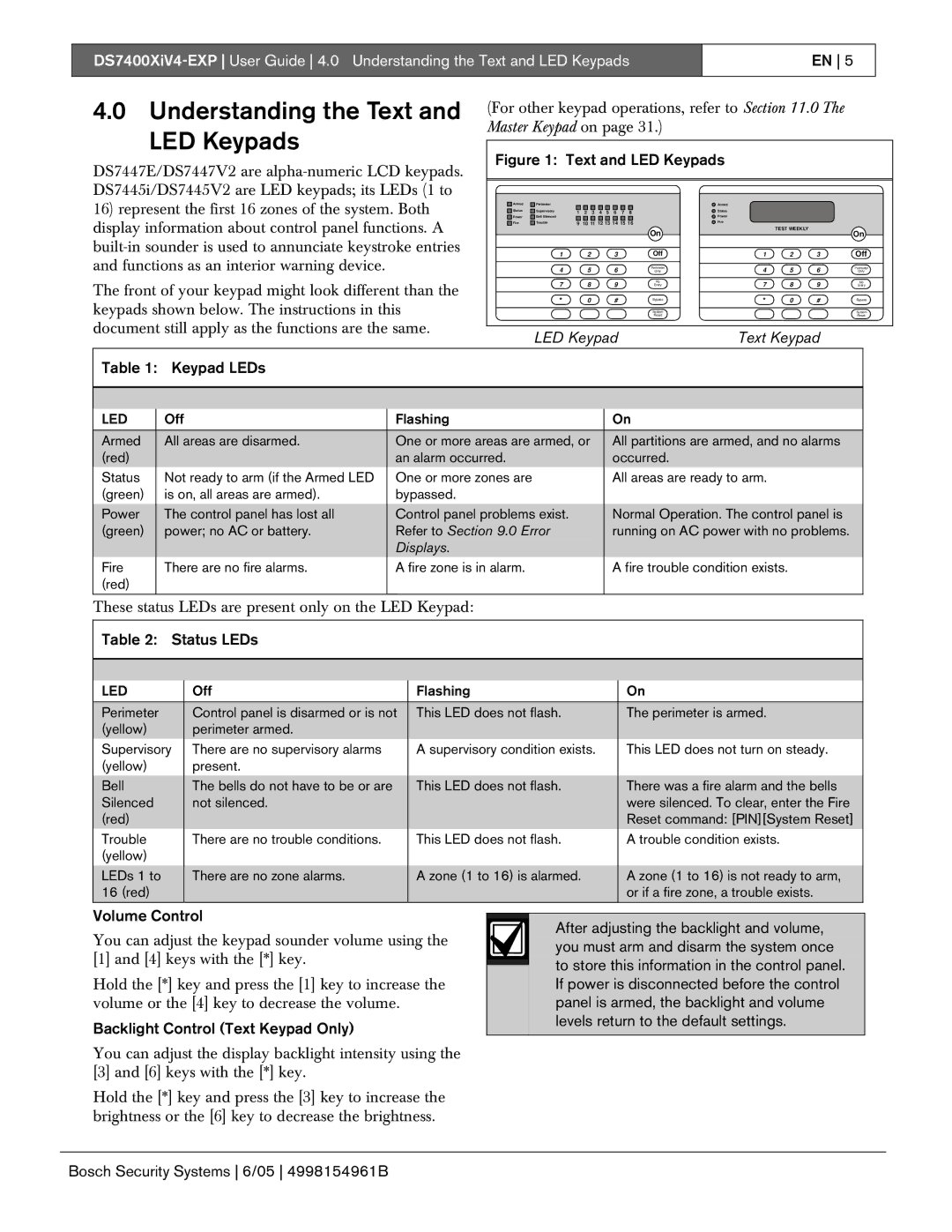 Bosch Appliances DS7400XIV4-EXP manual Understanding the Text and LED Keypads, Keypad LEDs, Status LEDs, Volume Control 