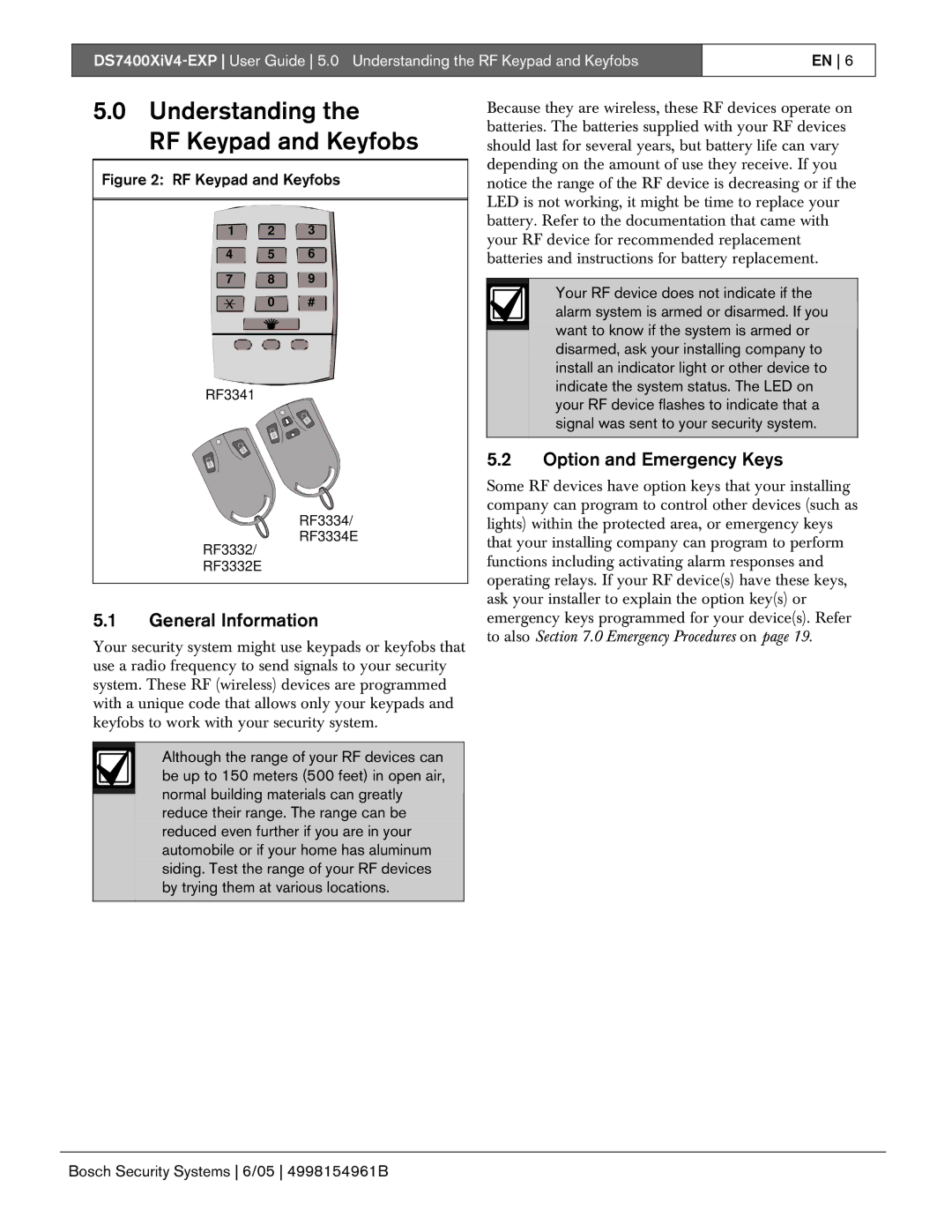 Bosch Appliances DS7400XIV4-EXP manual Understanding RF Keypad and Keyfobs, General Information, Option and Emergency Keys 