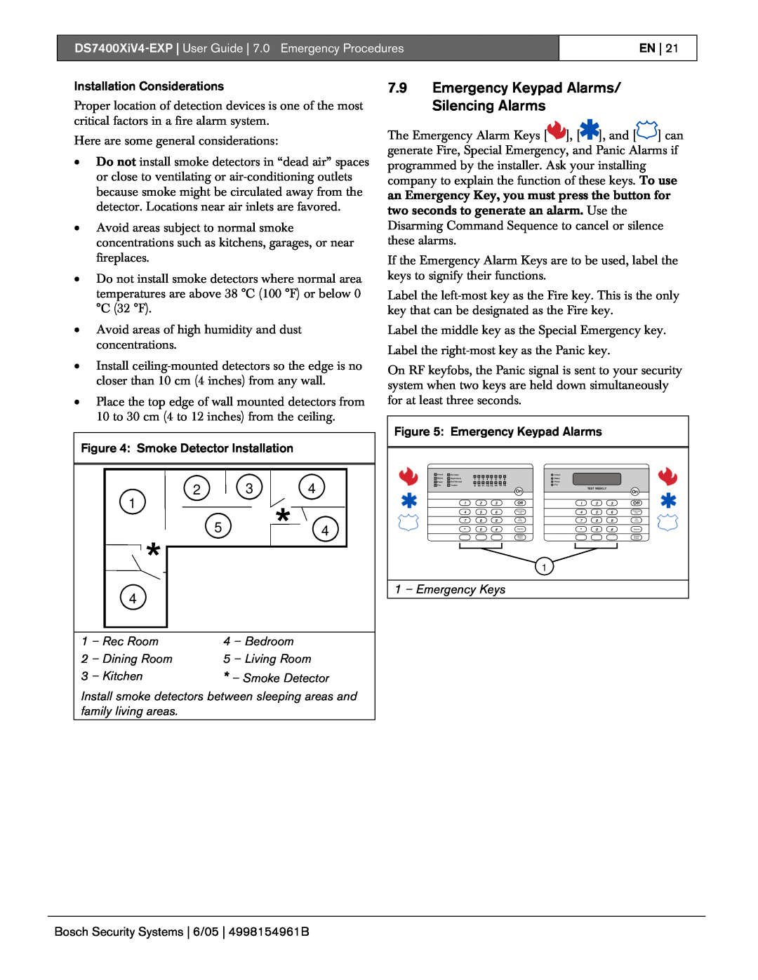 Bosch Appliances DS7400XIV4-EXP manual 7.9Emergency Keypad Alarms/ Silencing Alarms, Emergency Keys 