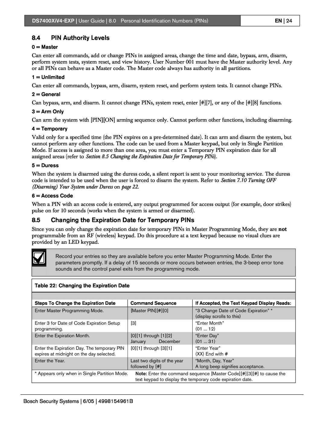 Bosch Appliances DS7400XIV4-EXP manual 8.4PIN Authority Levels 