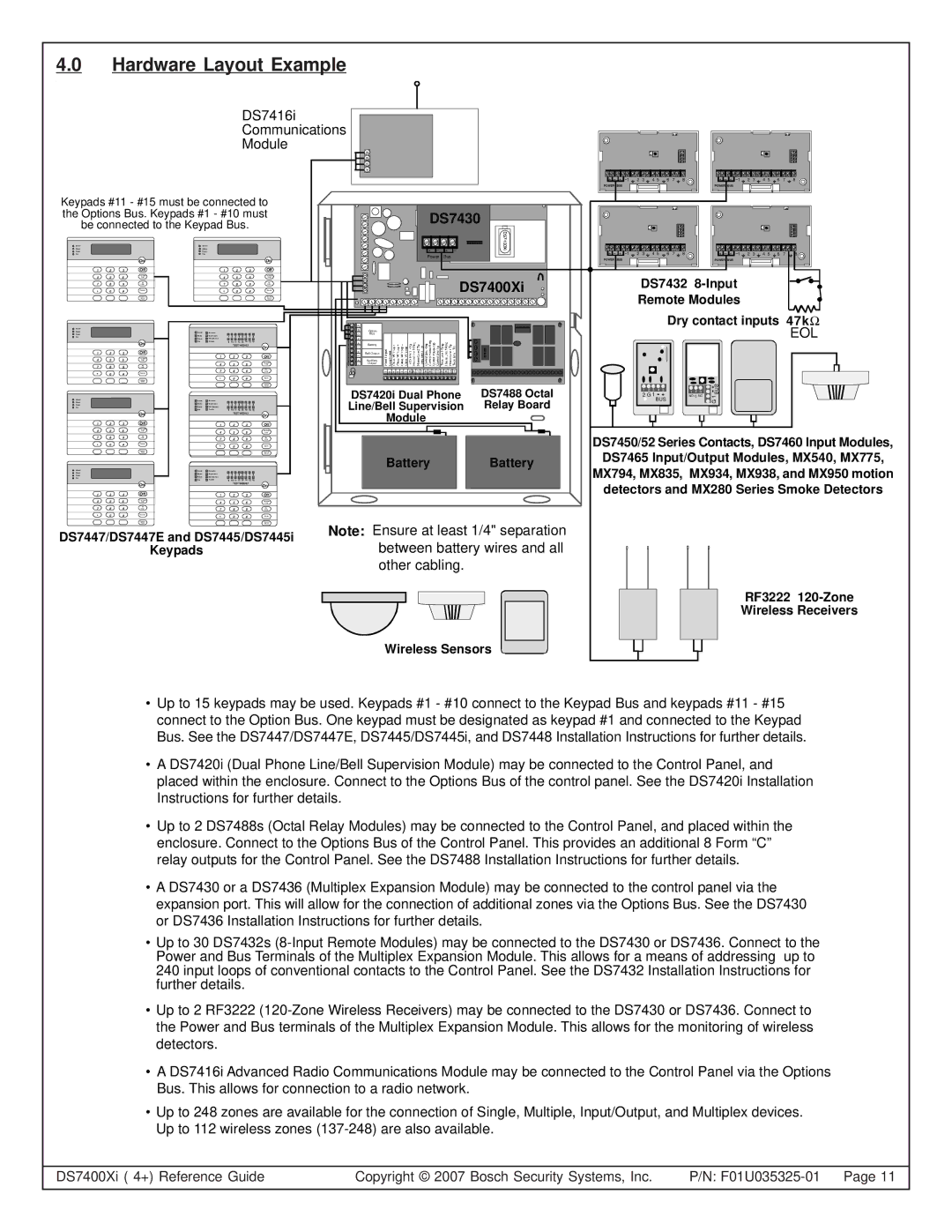 Bosch Appliances DS7447, DS7445I Hardware Layout Example, S7430, DS7400Xi, Between battery wires and all, Other cabling 