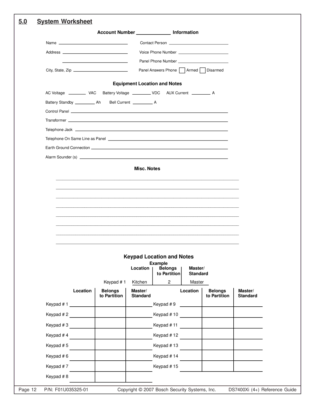 Bosch Appliances DS7445I, DS7447E, DS7400XI manual System Worksheet 