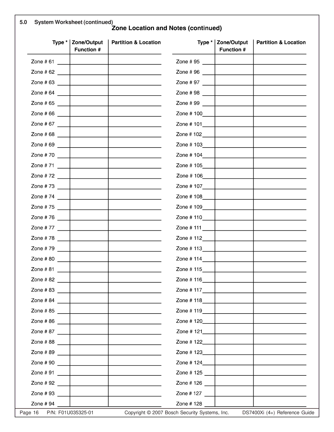 Bosch Appliances DS7445I, DS7447E, DS7400XI manual System Worksheet 