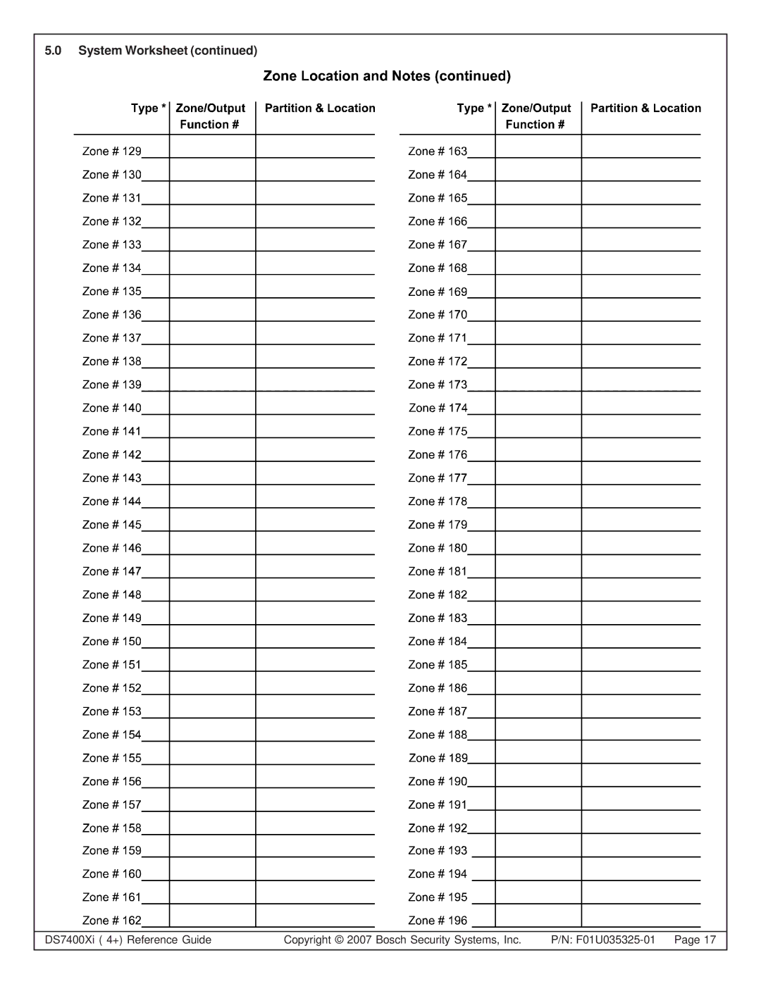 Bosch Appliances DS7447E, DS7445I, DS7400XI manual System Worksheet 