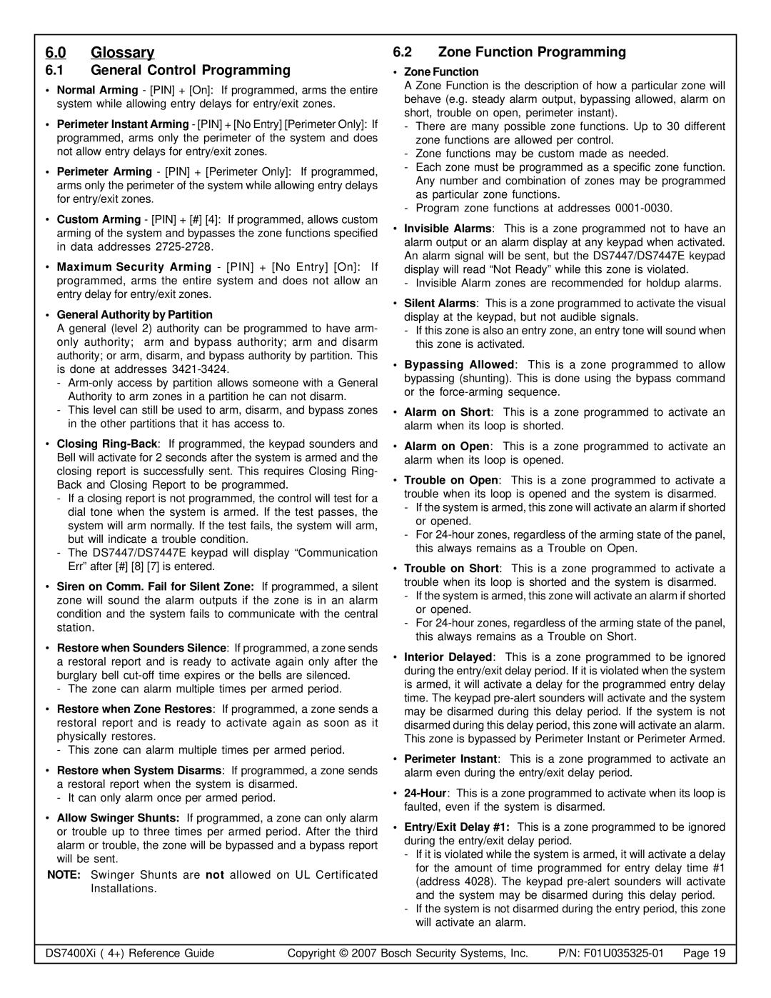 Bosch Appliances DS7447 Glossary, General Control Programming, Zone Function Programming, General Authority by Partition 