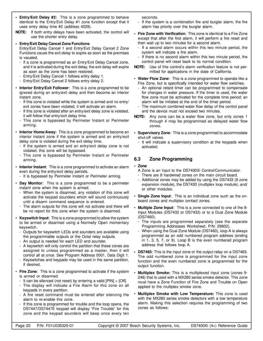 Bosch Appliances DS7445I, DS7447E, DS7400XI manual Zone Programming, Entry/Exit Delay Cancel Zone Functions 