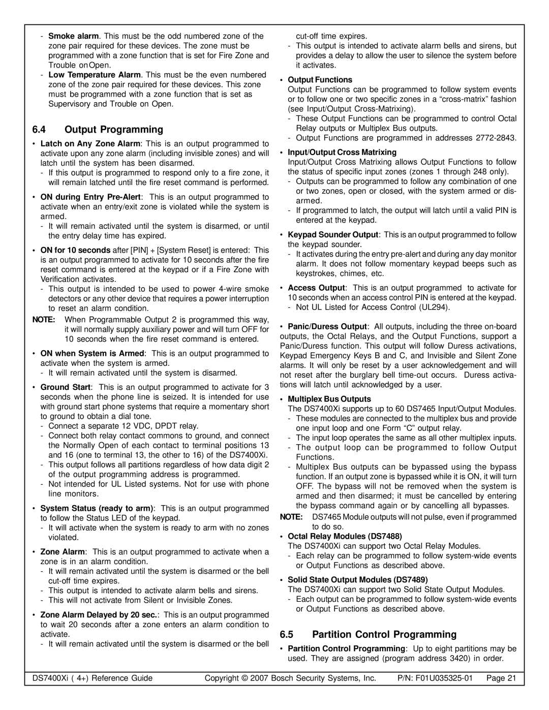 Bosch Appliances DS7447E, DS7445I, DS7400XI manual Output Programming, Partition Control Programming 