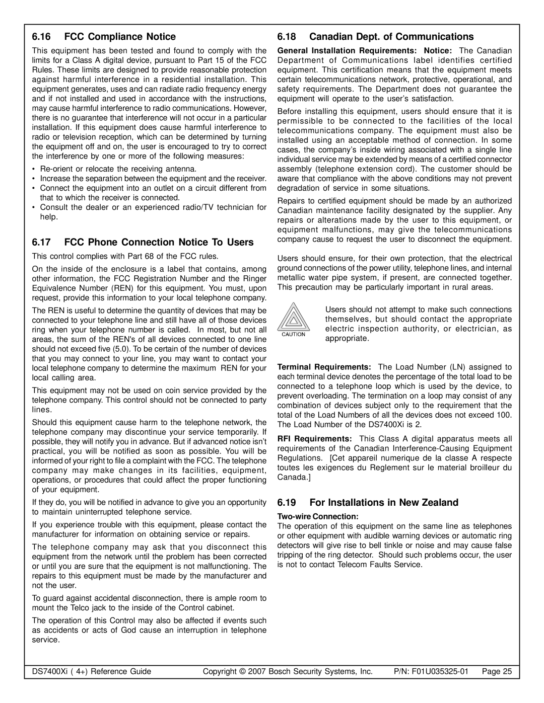 Bosch Appliances DS7447E FCC Compliance Notice, FCC Phone Connection Notice To Users, Canadian Dept. of Communications 