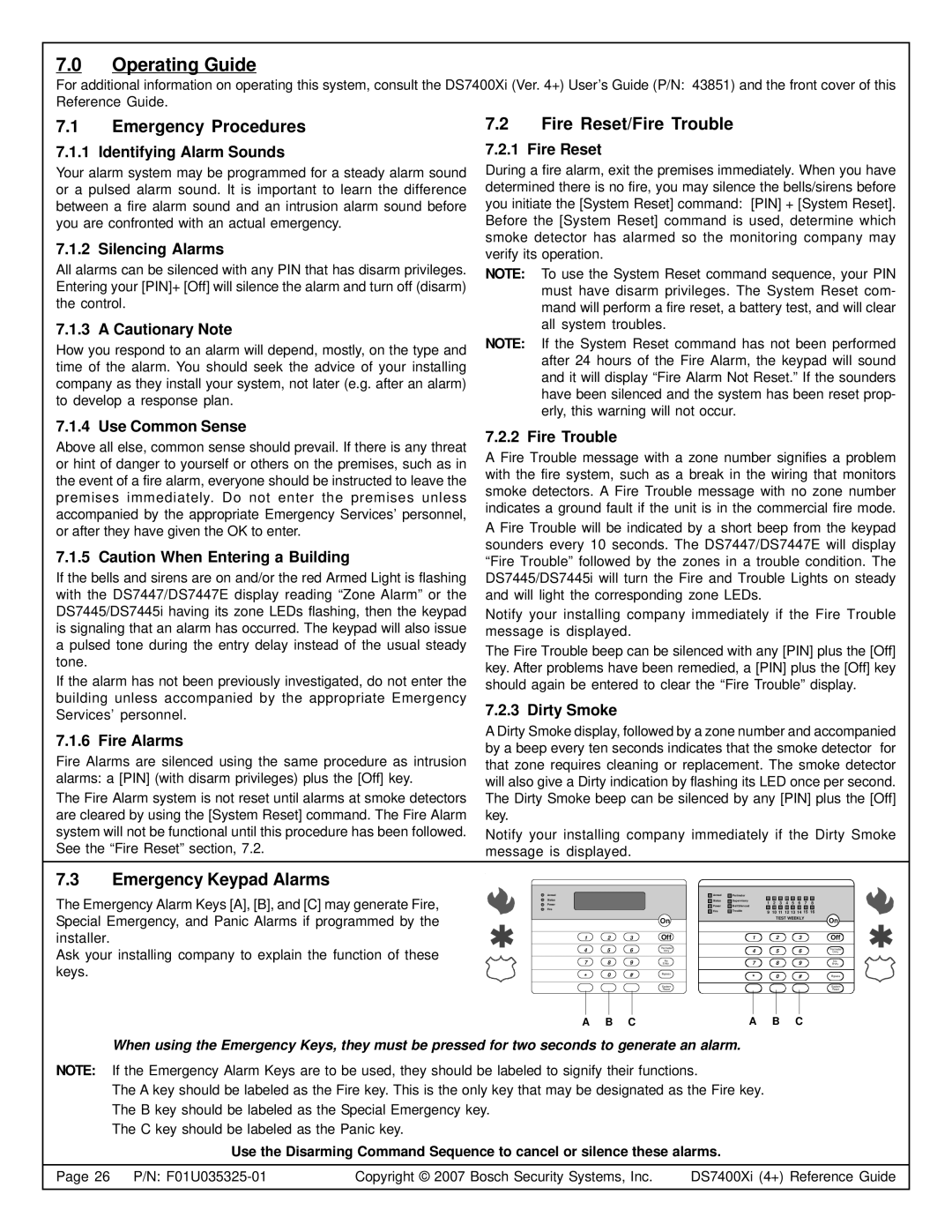 Bosch Appliances DS7400XI, DS7445I Operating Guide, Emergency Procedures, Fire Reset/Fire Trouble, Emergency Keypad Alarms 