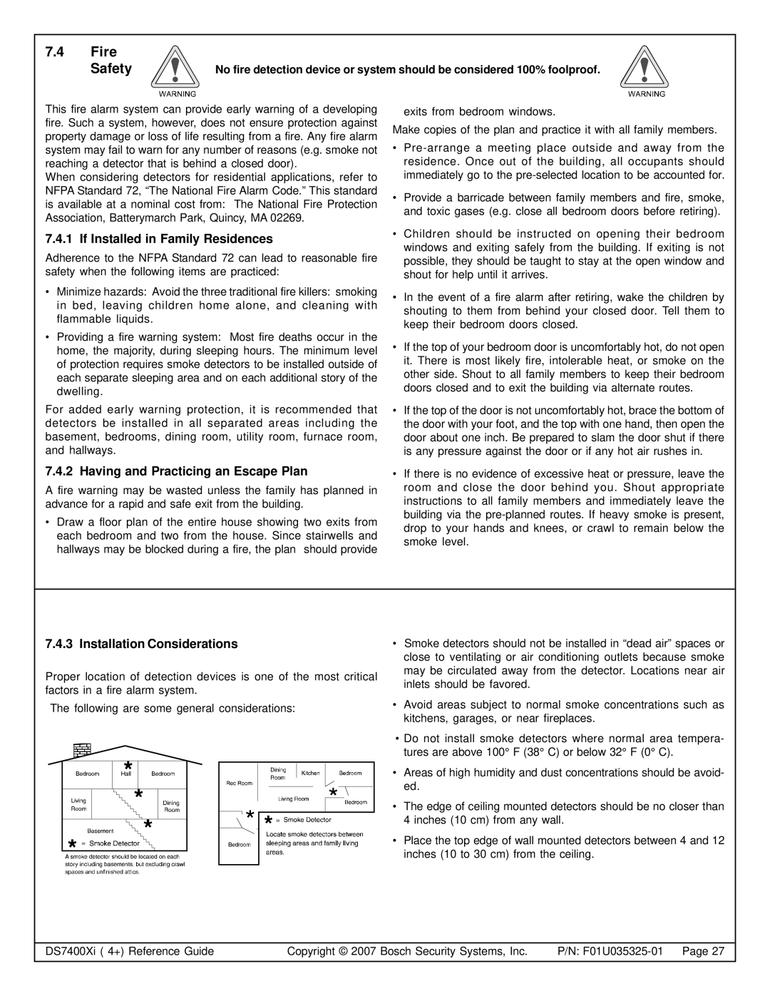 Bosch Appliances DS7447, DS7445I manual Fire Safety, If Installed in Family Residences, Having and Practicing an Escape Plan 