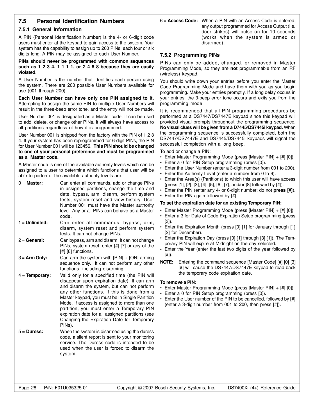 Bosch Appliances DS7445I, DS7447E Personal Identification Numbers, General Information, Programming PINs, To remove a PIN 