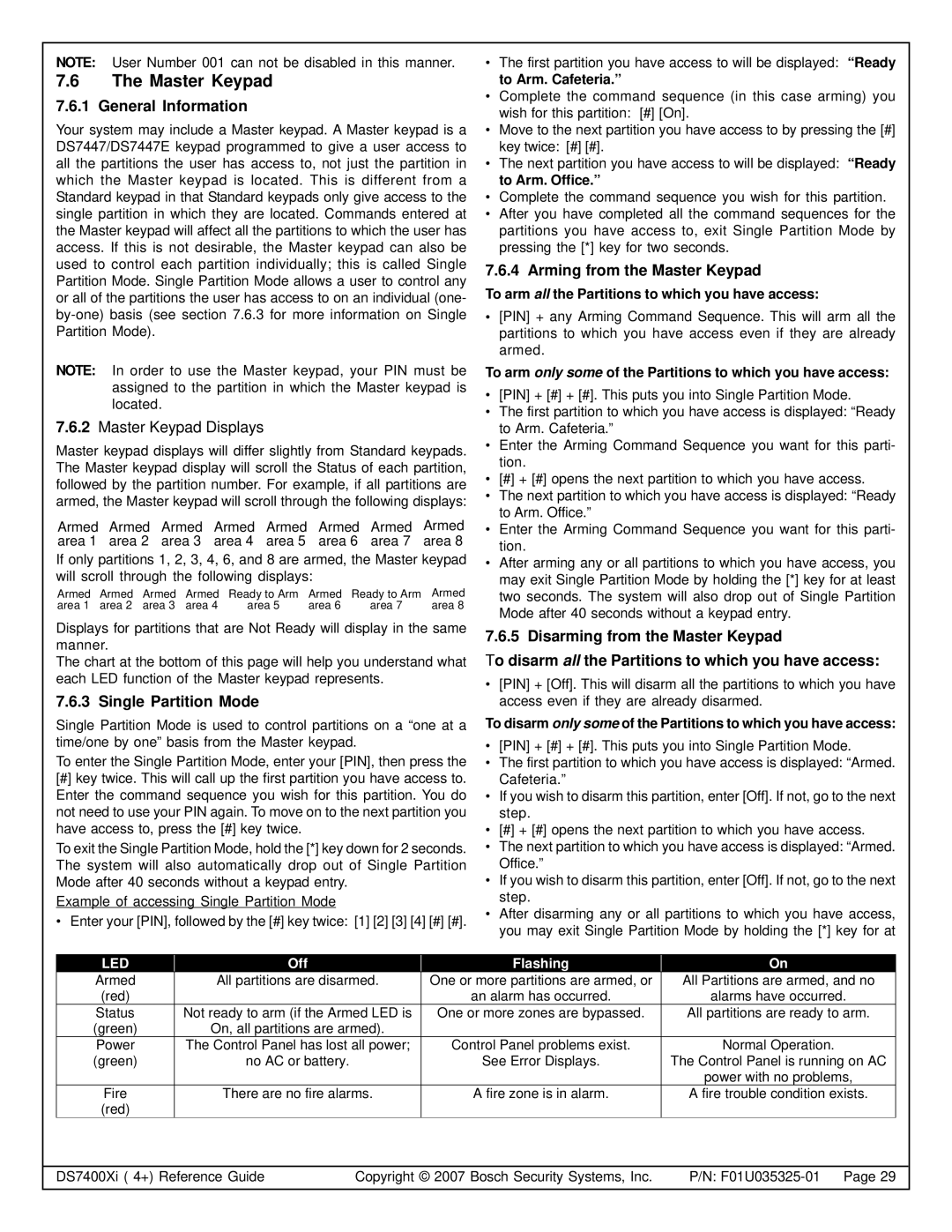 Bosch Appliances DS7447E, DS7445I, DS7400XI manual Single Partition Mode, Arming from the Master Keypad 