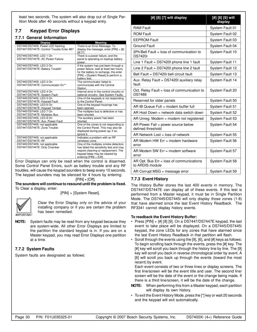 Bosch Appliances DS7400XI, DS7445I, DS7447E Keypad Error Displays, System Faults, To readback the Event History Buffer 