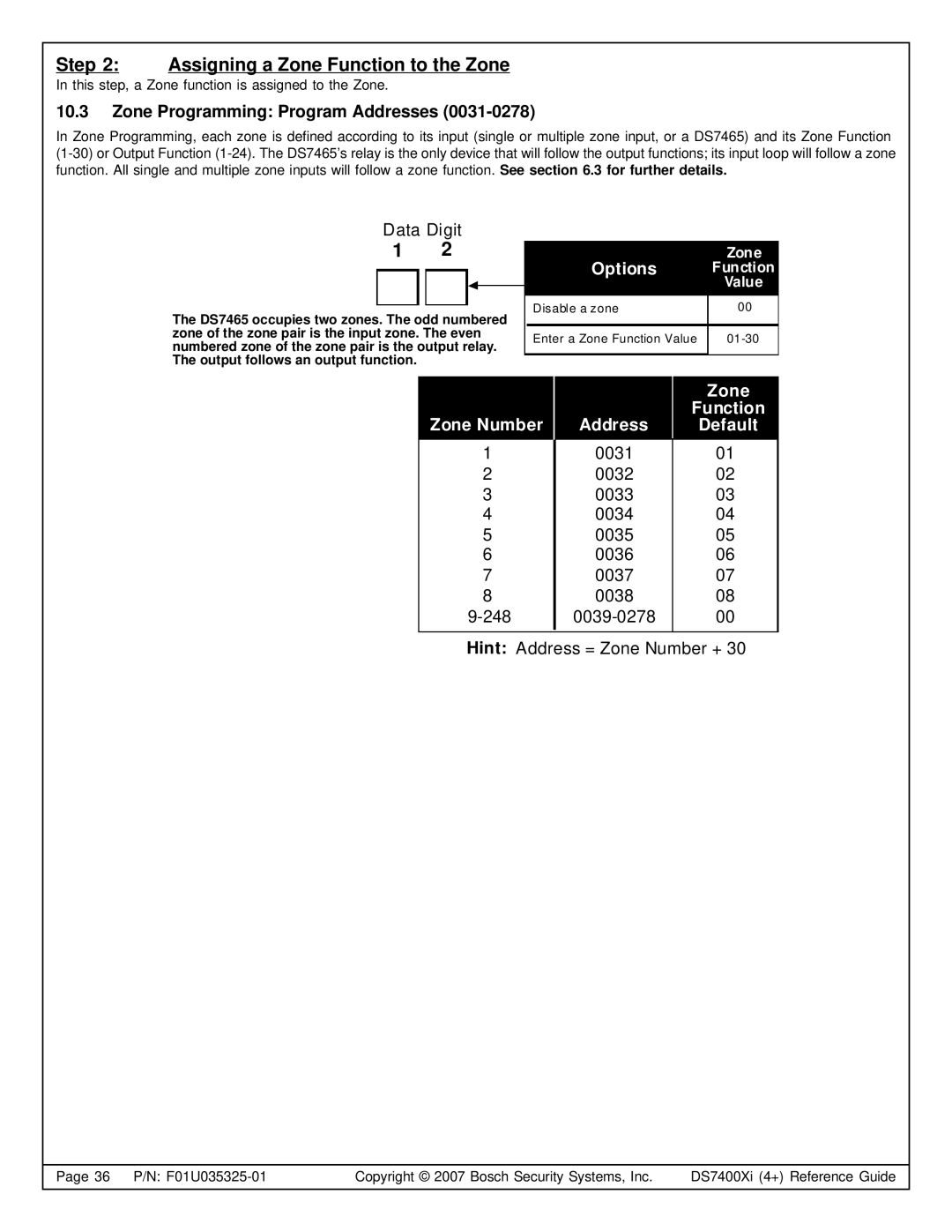 Bosch Appliances DS7445I, DS7447E, DS7400XI manual Assigning a Zone Function to the Zone, Zone Programming Program Addresses 